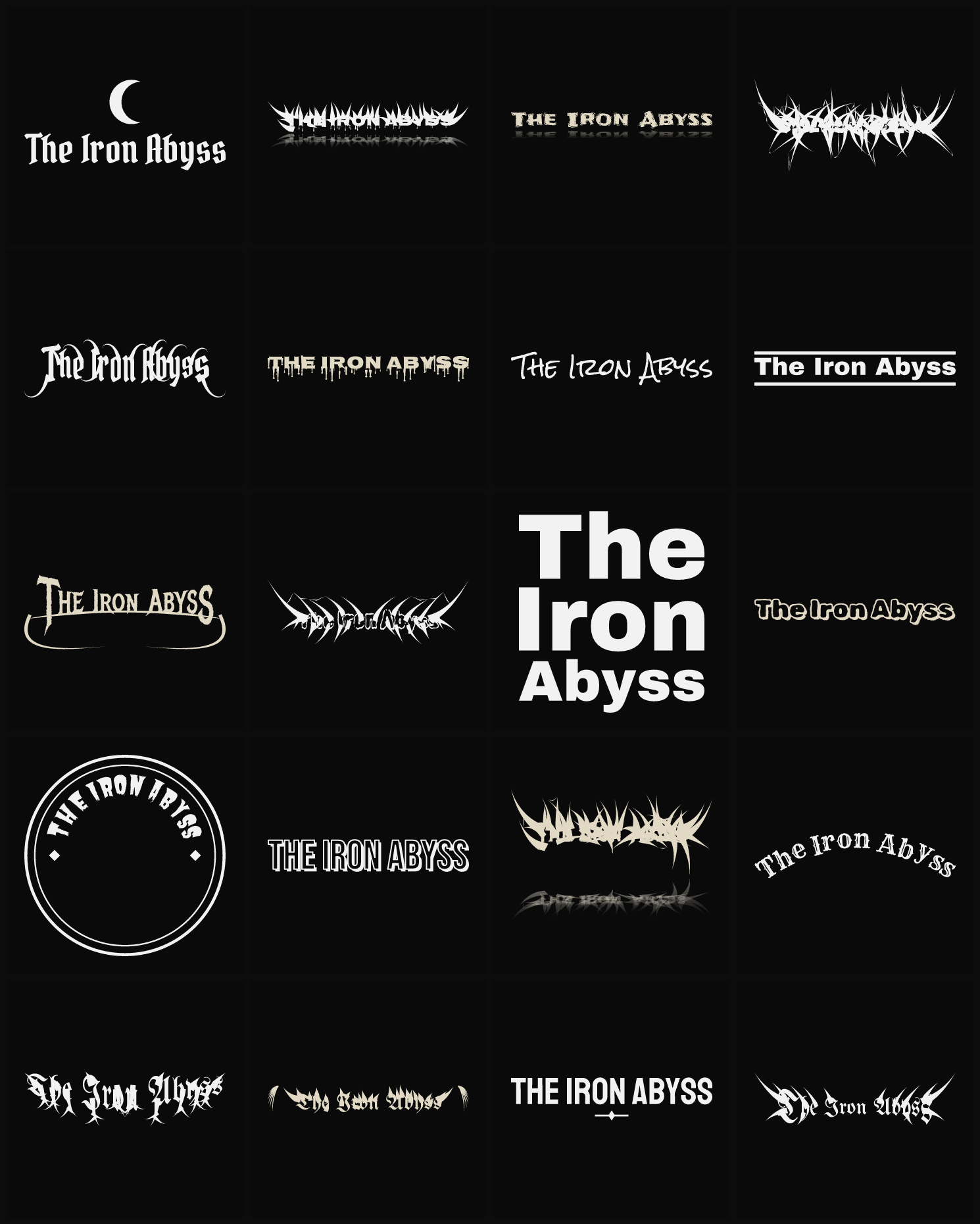 Twenty The Iron Abyss band logo ideas — different faces, treatments and spike settings