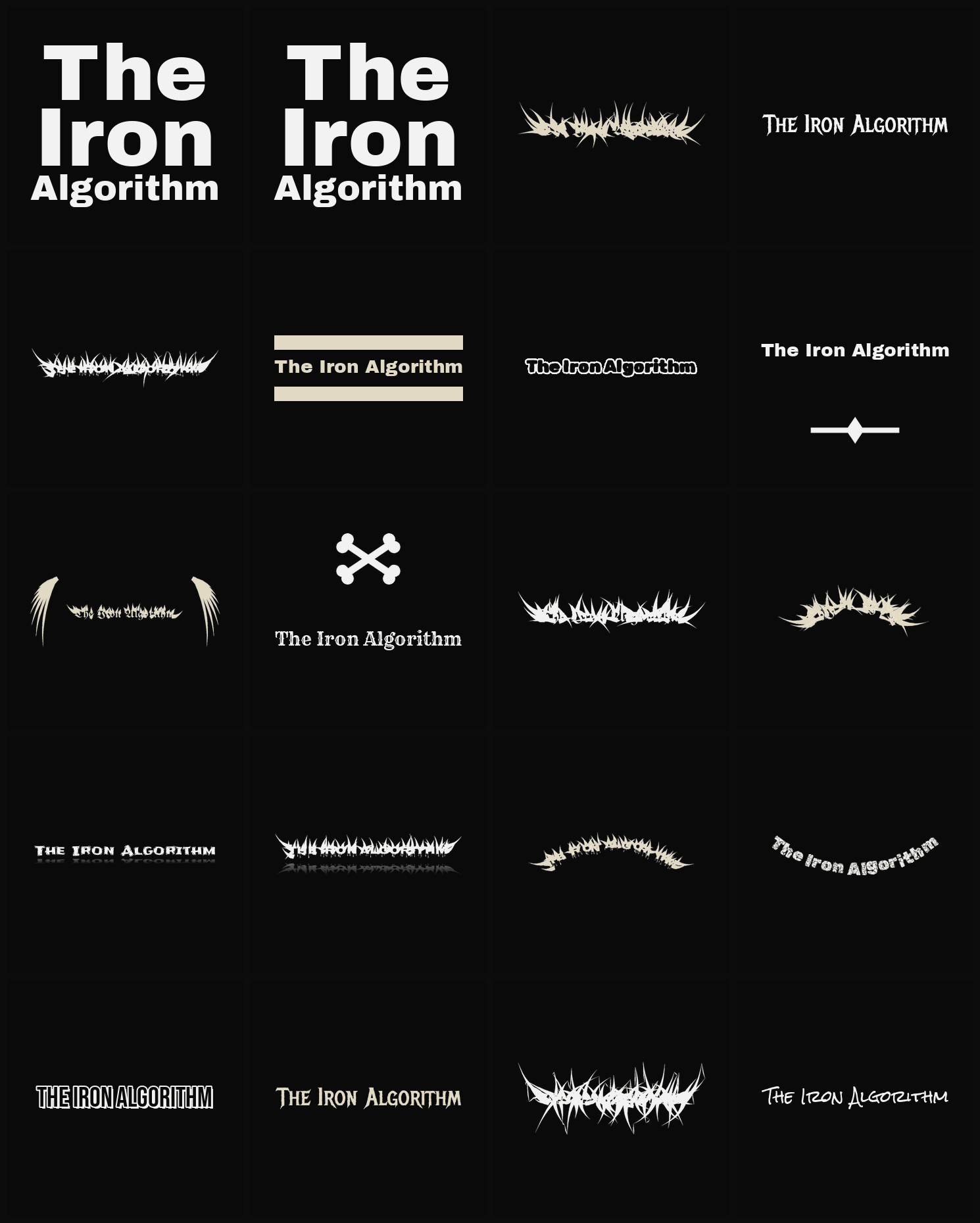 Twenty The Iron Algorithm band logo ideas — different faces, treatments and spike settings