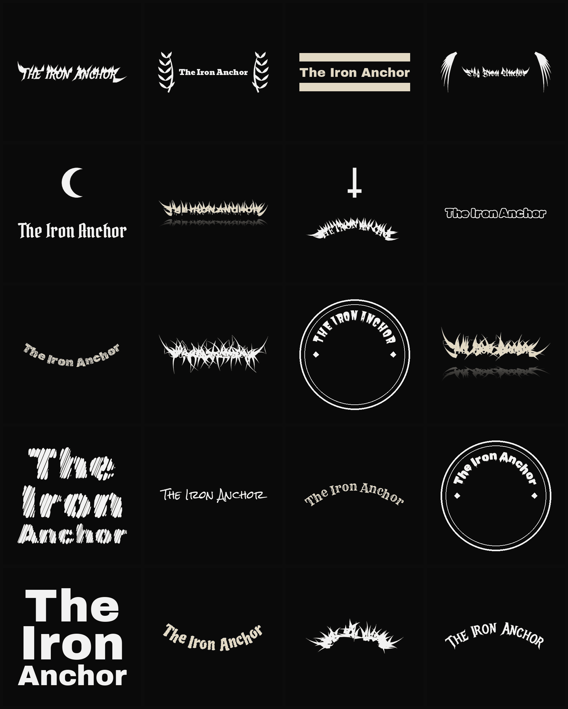 Twenty The Iron Anchor band logo ideas — different faces, treatments and spike settings