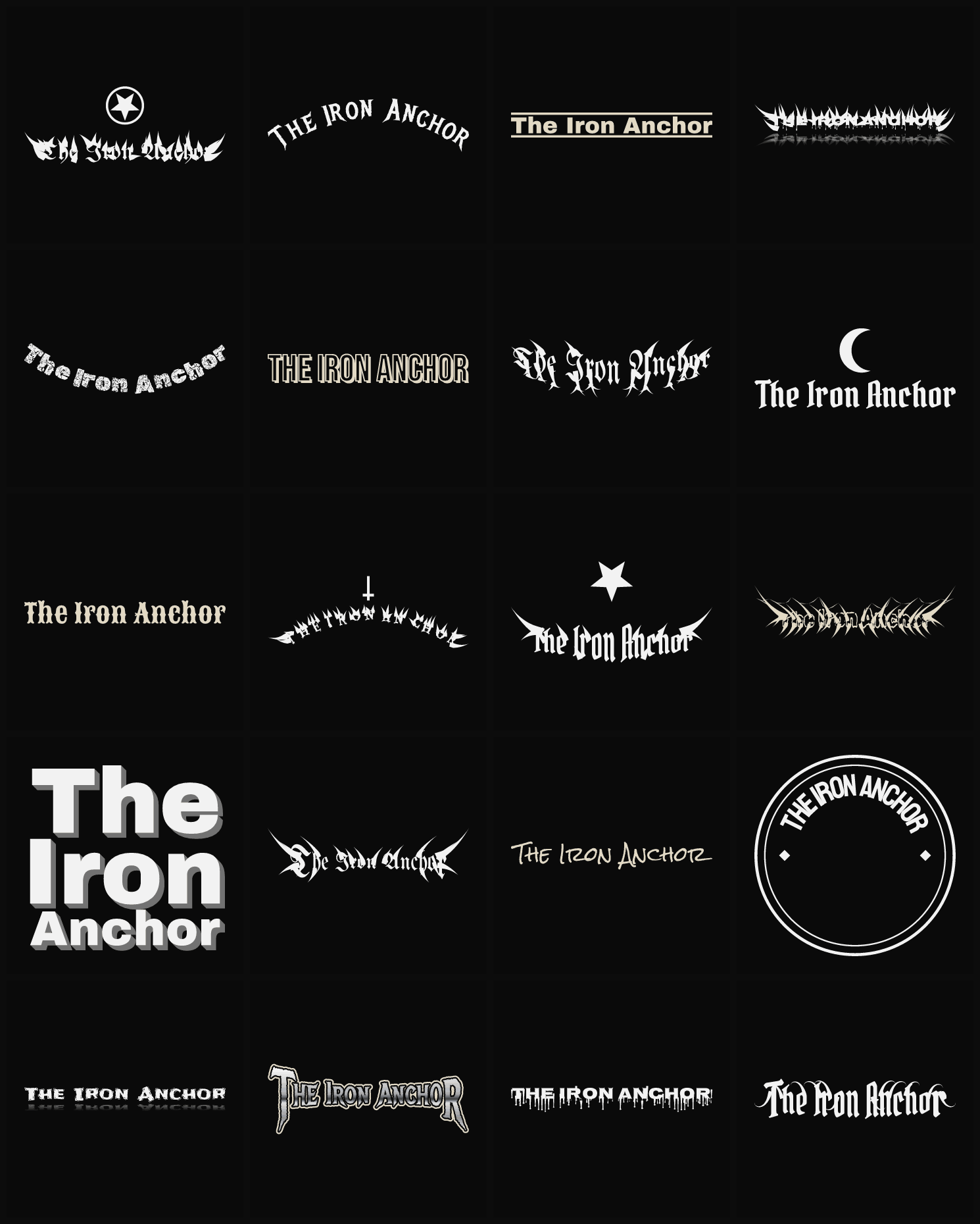 Twenty The Iron Anchor band logo ideas — different faces, treatments and spike settings