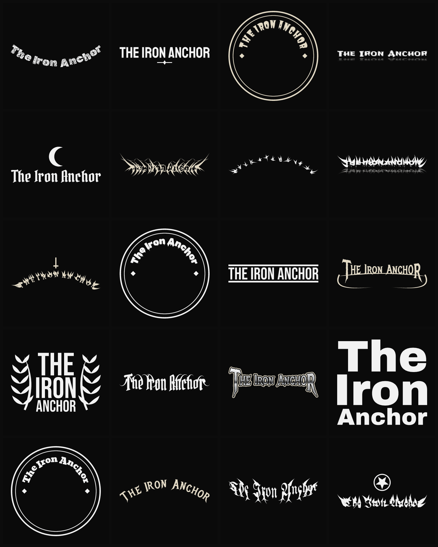 Twenty The Iron Anchor band logo ideas — different faces, treatments and spike settings