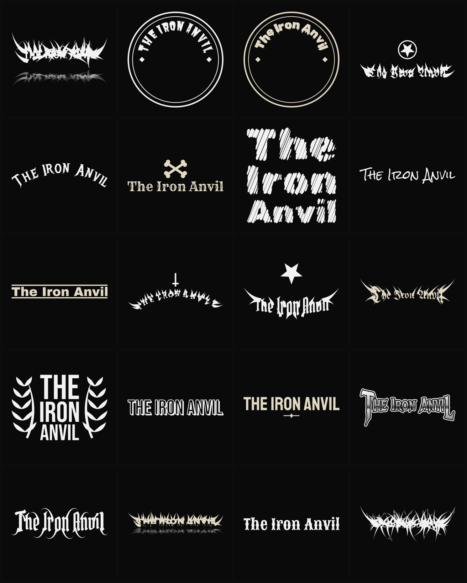 Twenty The Iron Anvil band logo ideas — different faces, treatments and spike settings