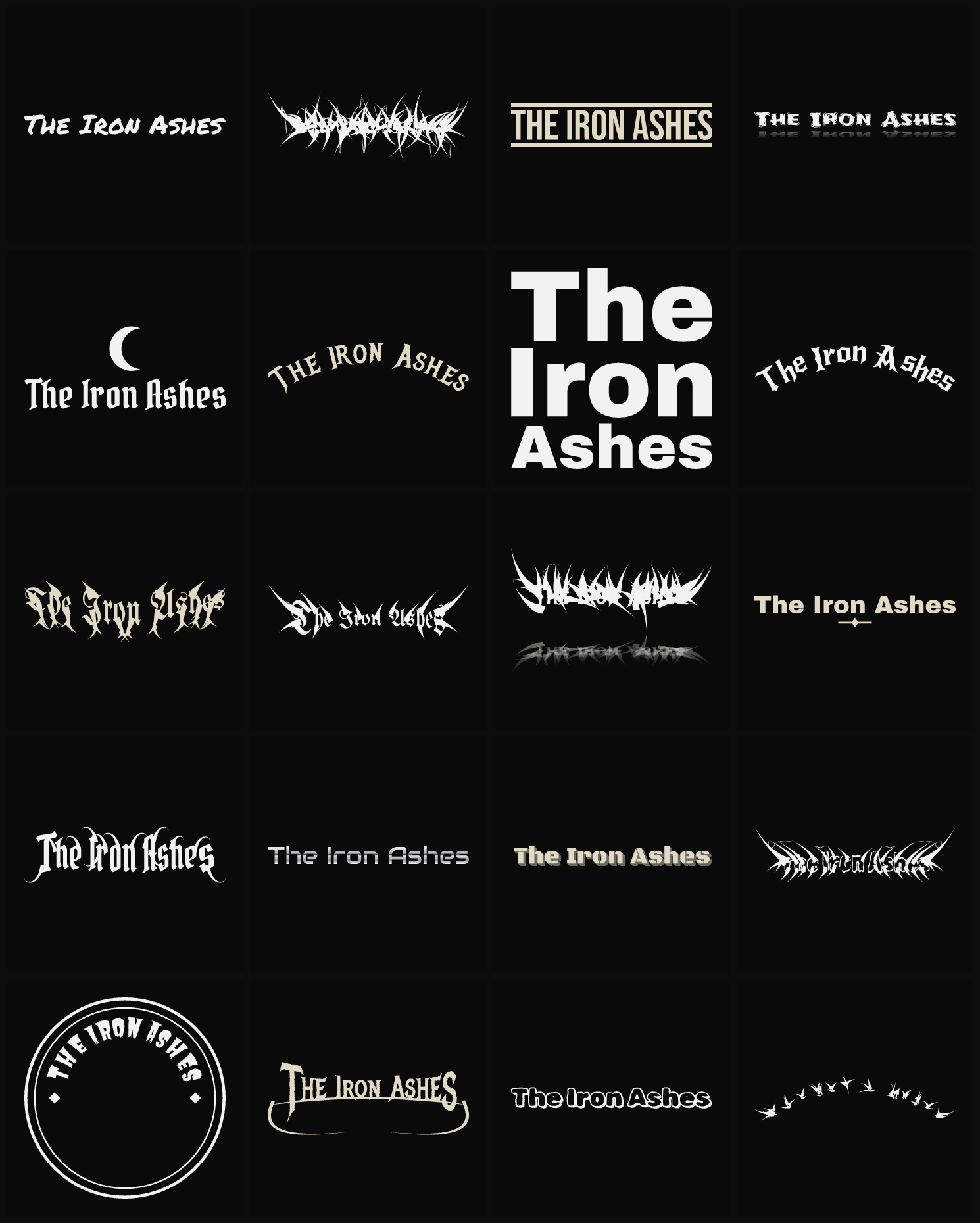 Twenty The Iron Ashes band logo ideas — different faces, treatments and spike settings