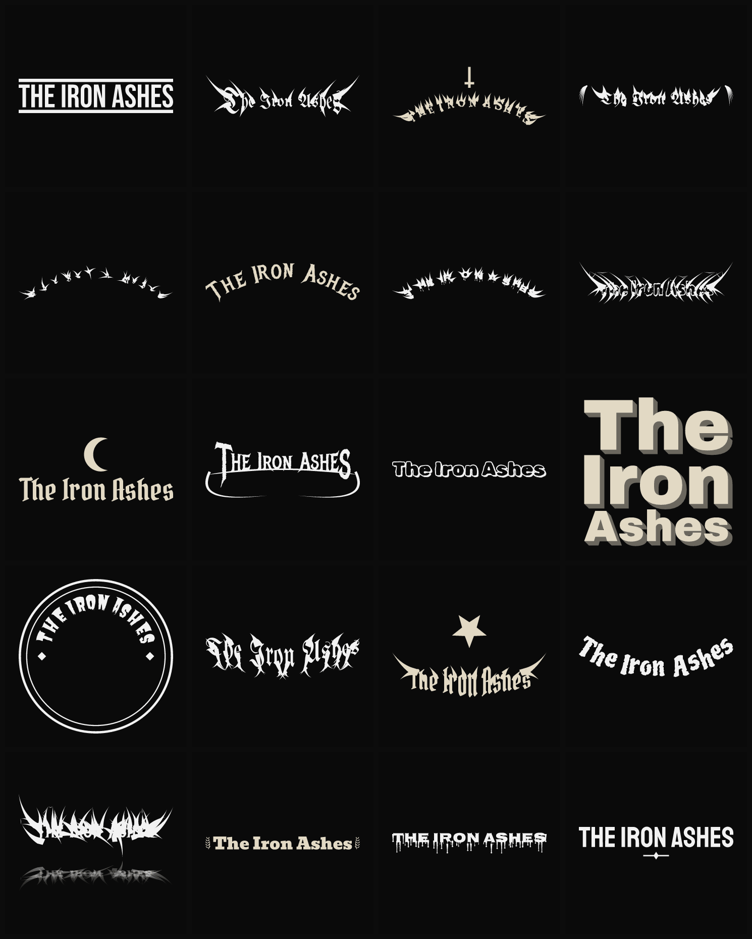 Twenty The Iron Ashes band logo ideas — different faces, treatments and spike settings
