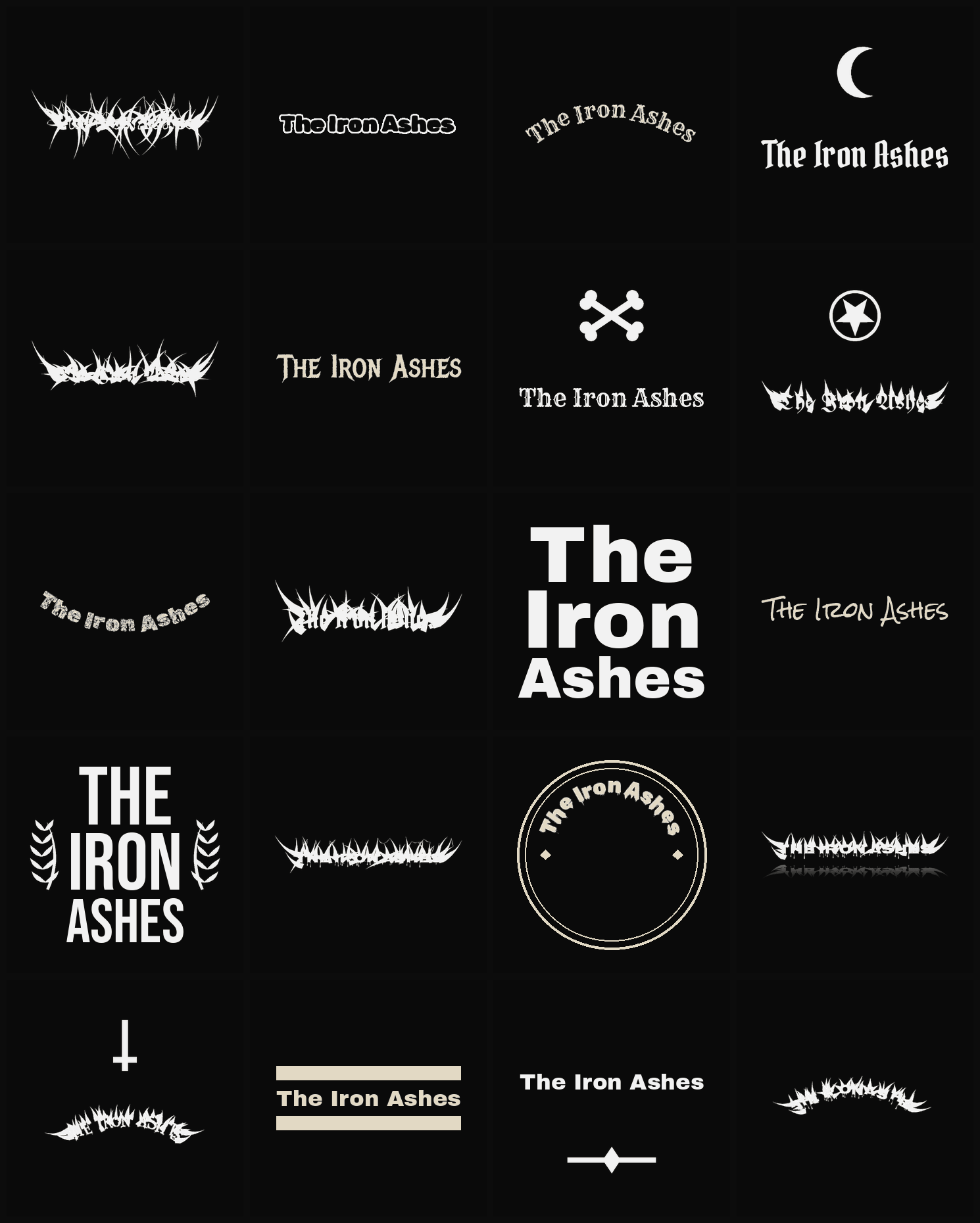 Twenty The Iron Ashes band logo ideas — different faces, treatments and spike settings