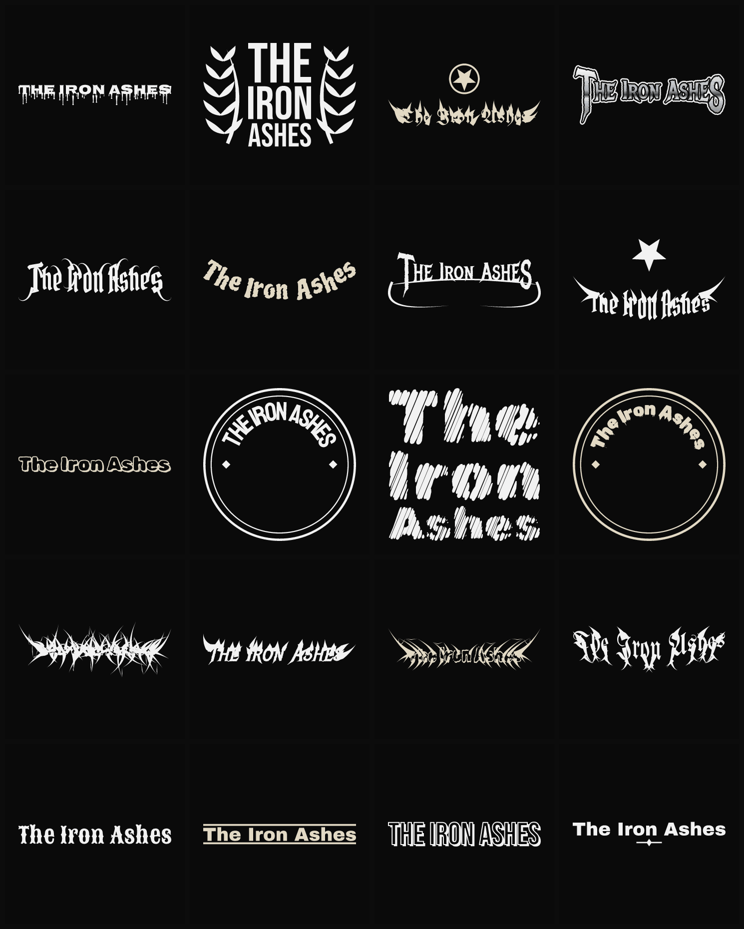 Twenty The Iron Ashes band logo ideas — different faces, treatments and spike settings