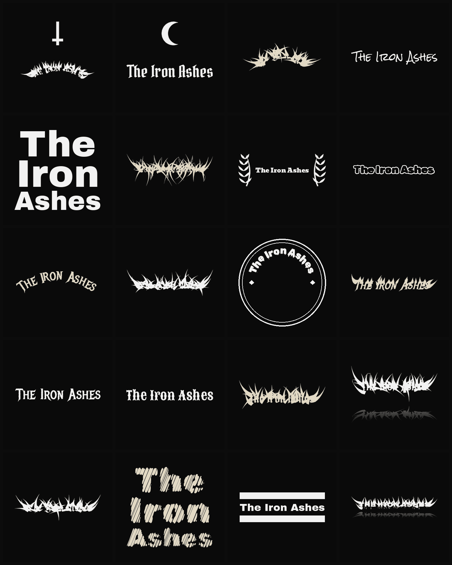 Twenty The Iron Ashes band logo ideas — different faces, treatments and spike settings