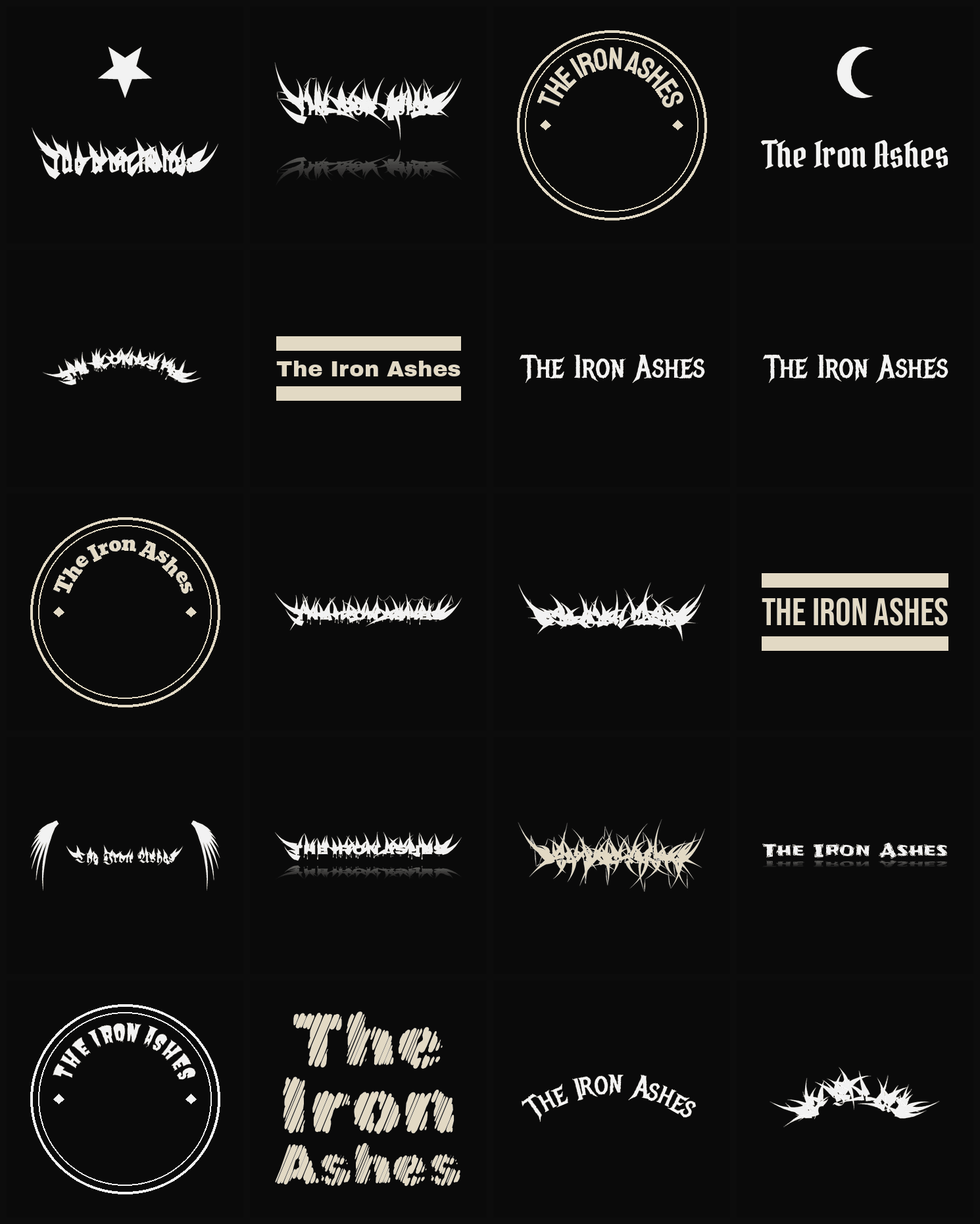 Twenty The Iron Ashes band logo ideas — different faces, treatments and spike settings
