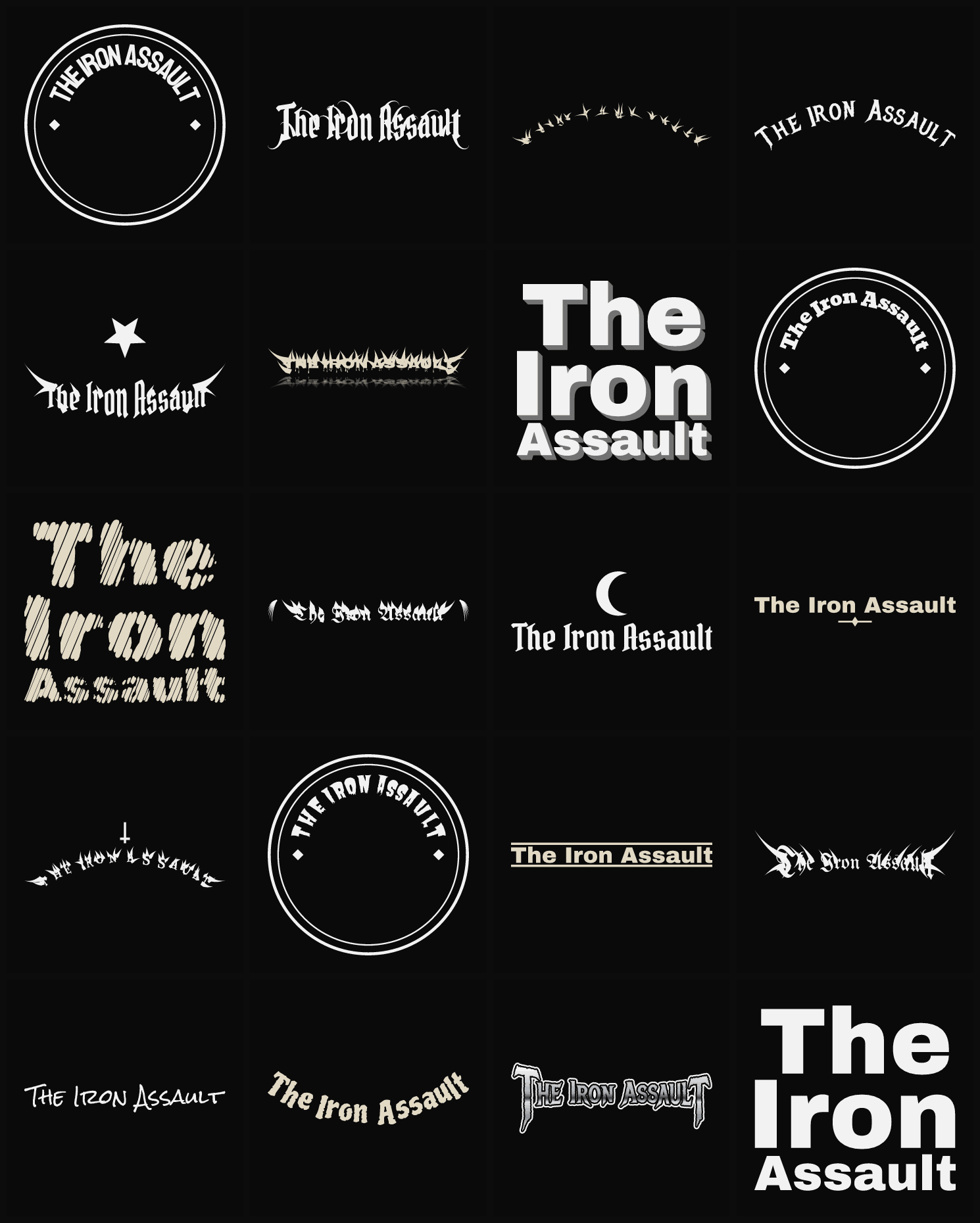 Twenty The Iron Assault band logo ideas — different faces, treatments and spike settings