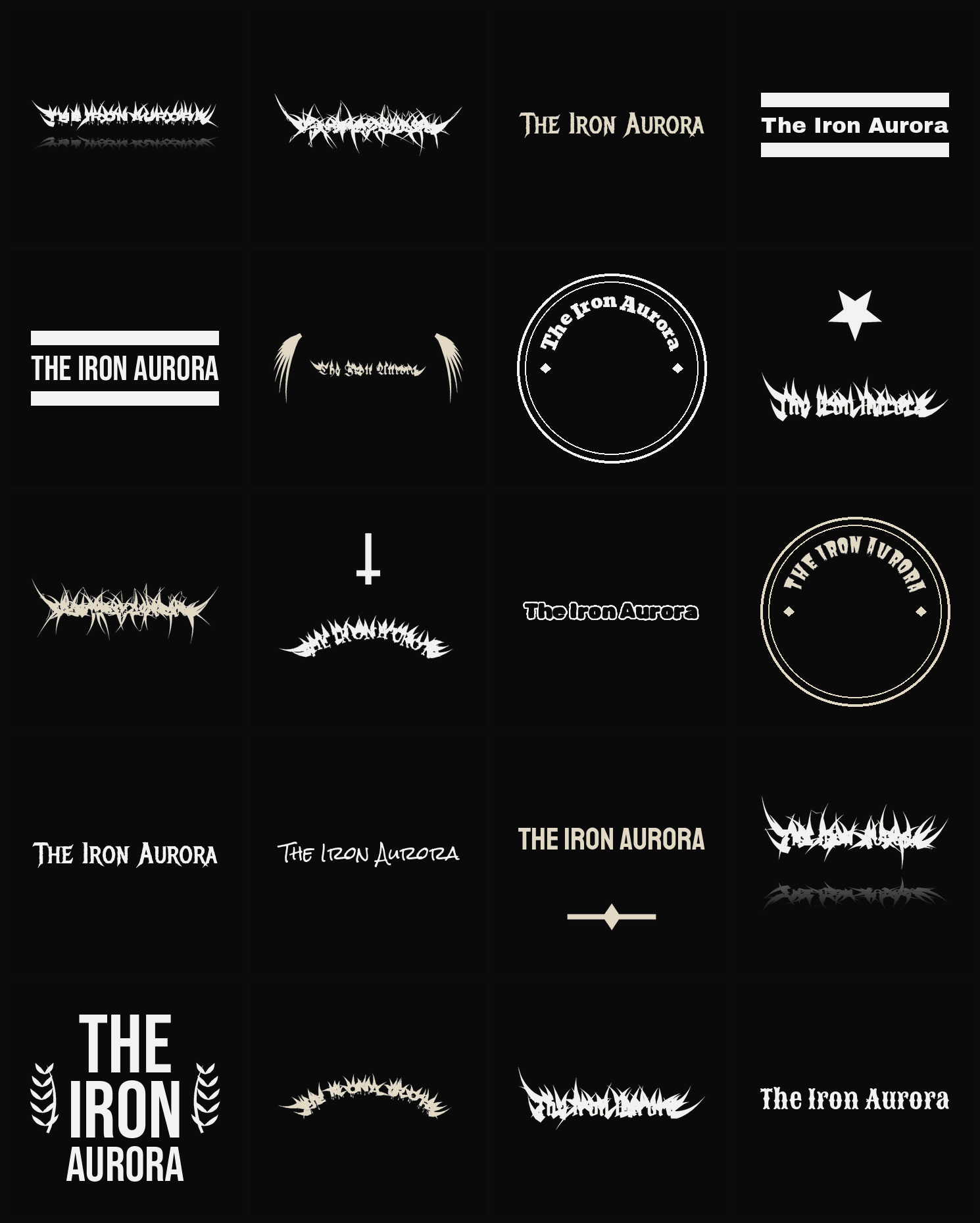 Twenty The Iron Aurora band logo ideas — different faces, treatments and spike settings