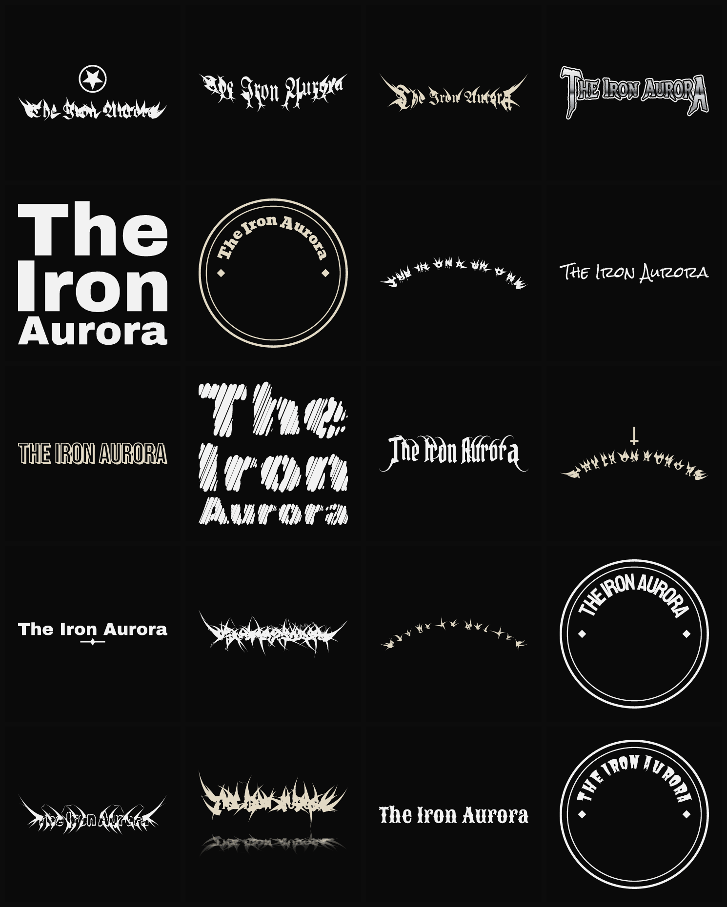 Twenty The Iron Aurora band logo ideas — different faces, treatments and spike settings