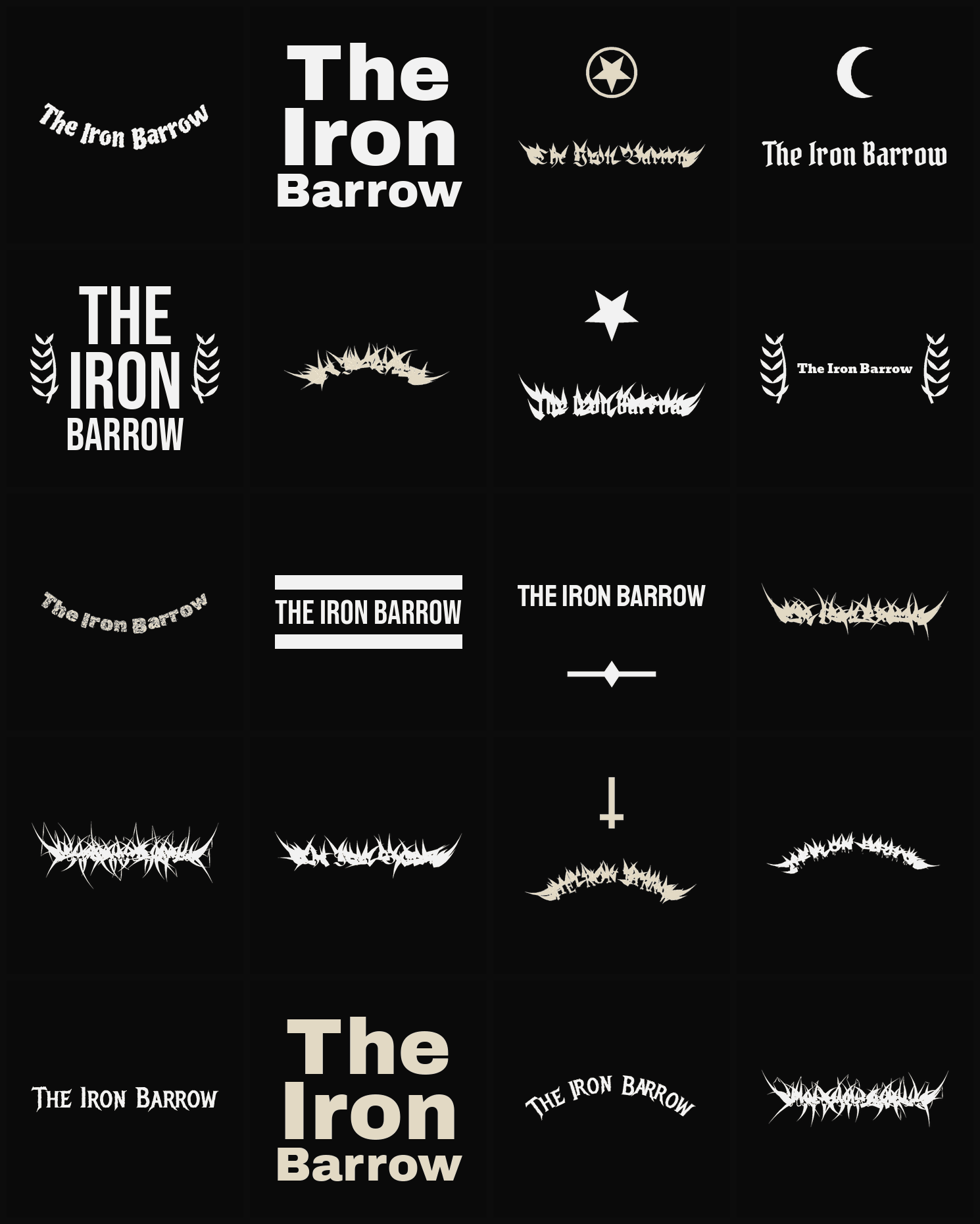 Twenty The Iron Barrow band logo ideas — different faces, treatments and spike settings