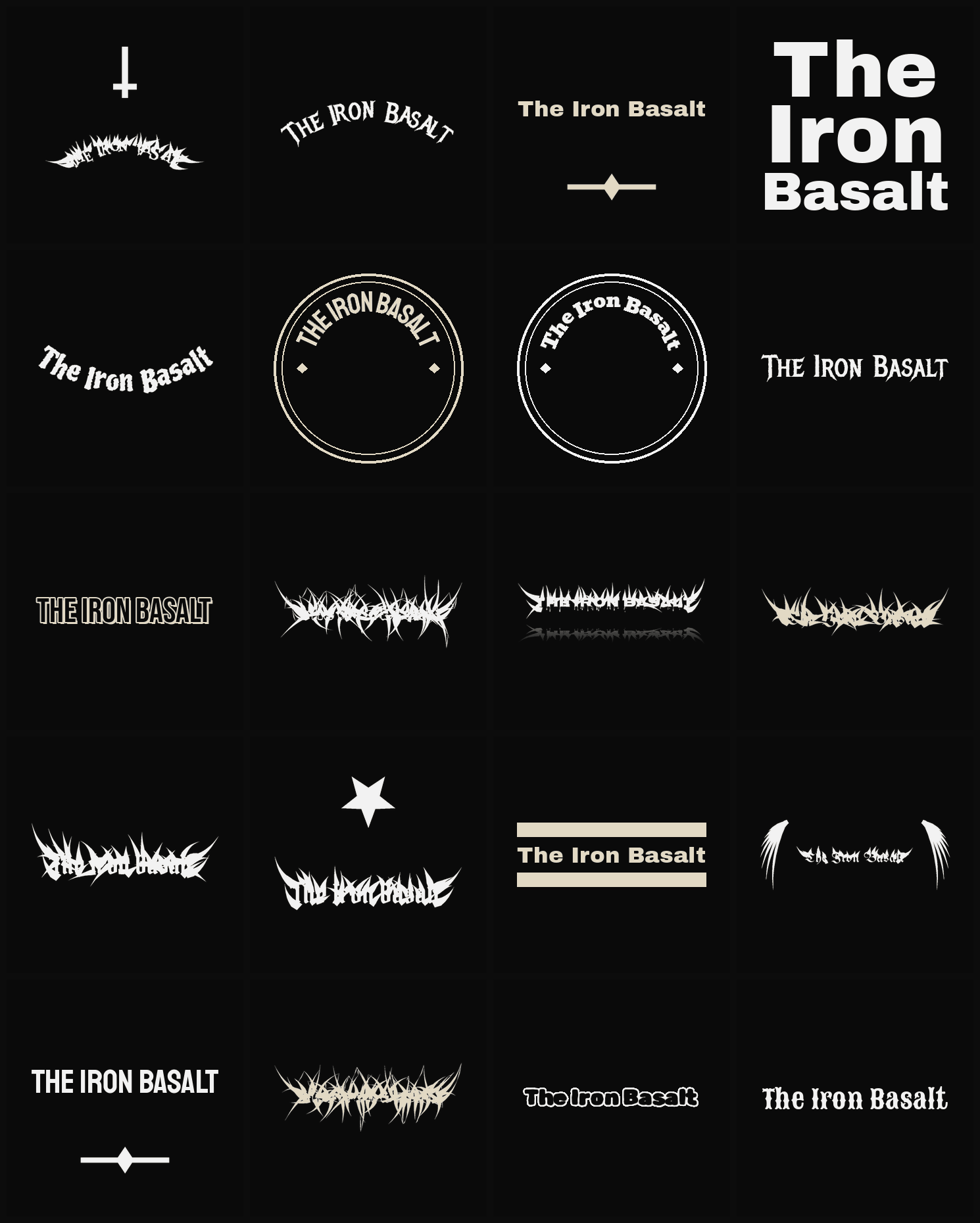 Twenty The Iron Basalt band logo ideas — different faces, treatments and spike settings