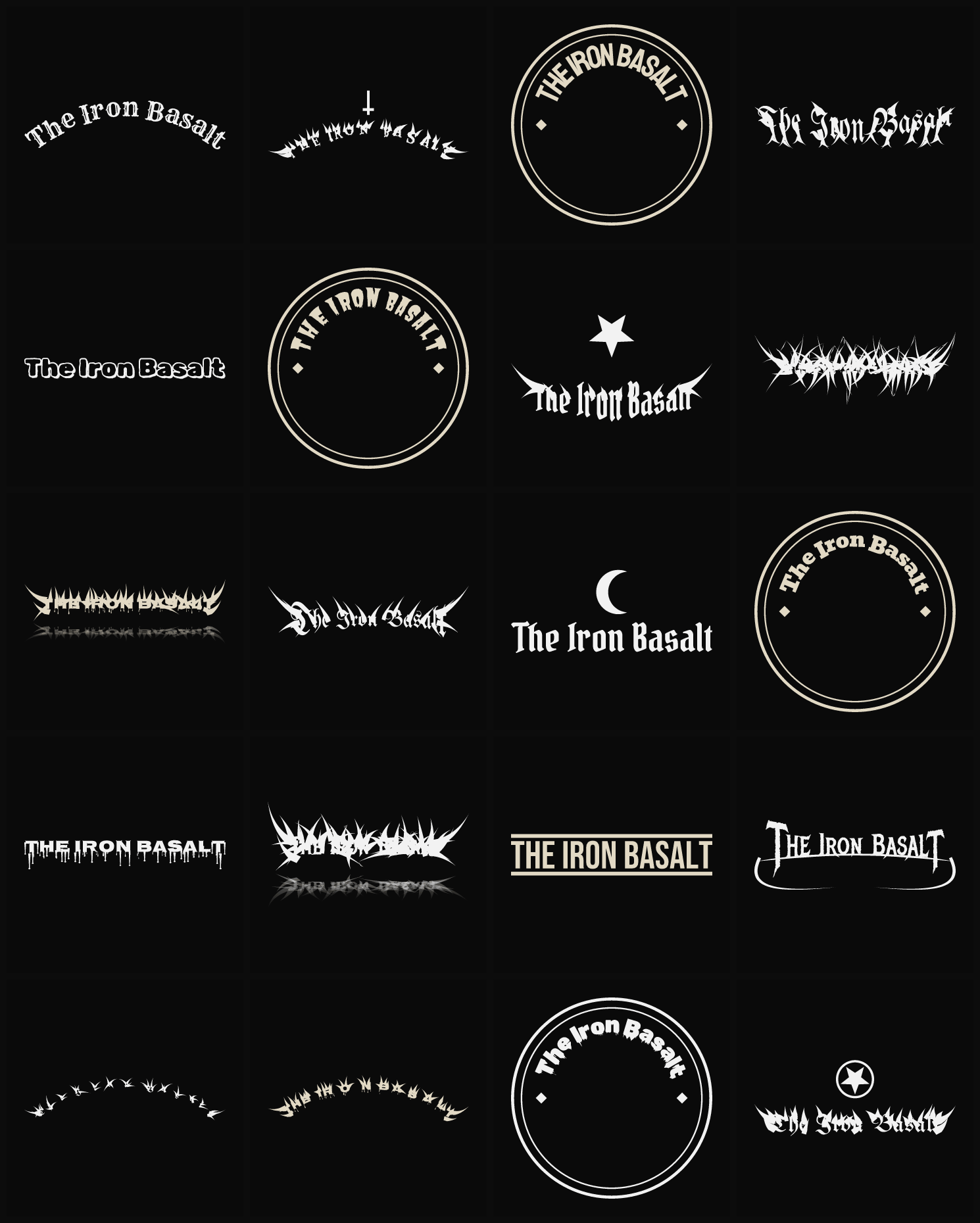 Twenty The Iron Basalt band logo ideas — different faces, treatments and spike settings