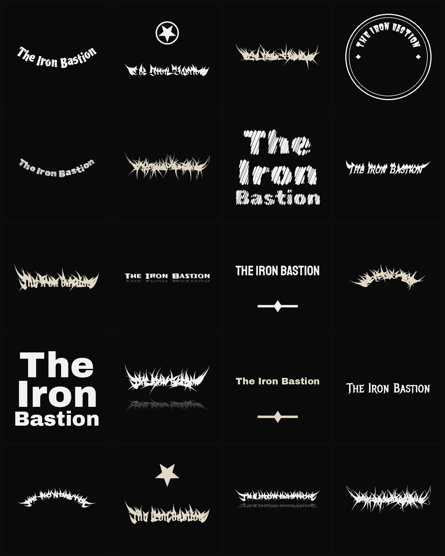 Twenty The Iron Bastion band logo ideas — different faces, treatments and spike settings