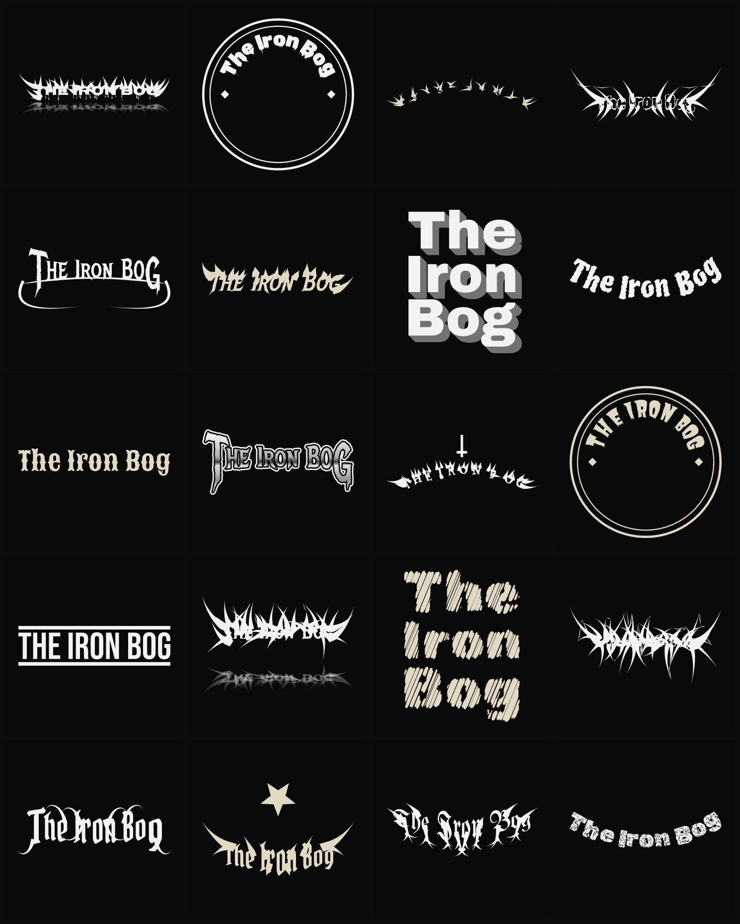 Twenty The Iron Bog band logo ideas — different faces, treatments and spike settings