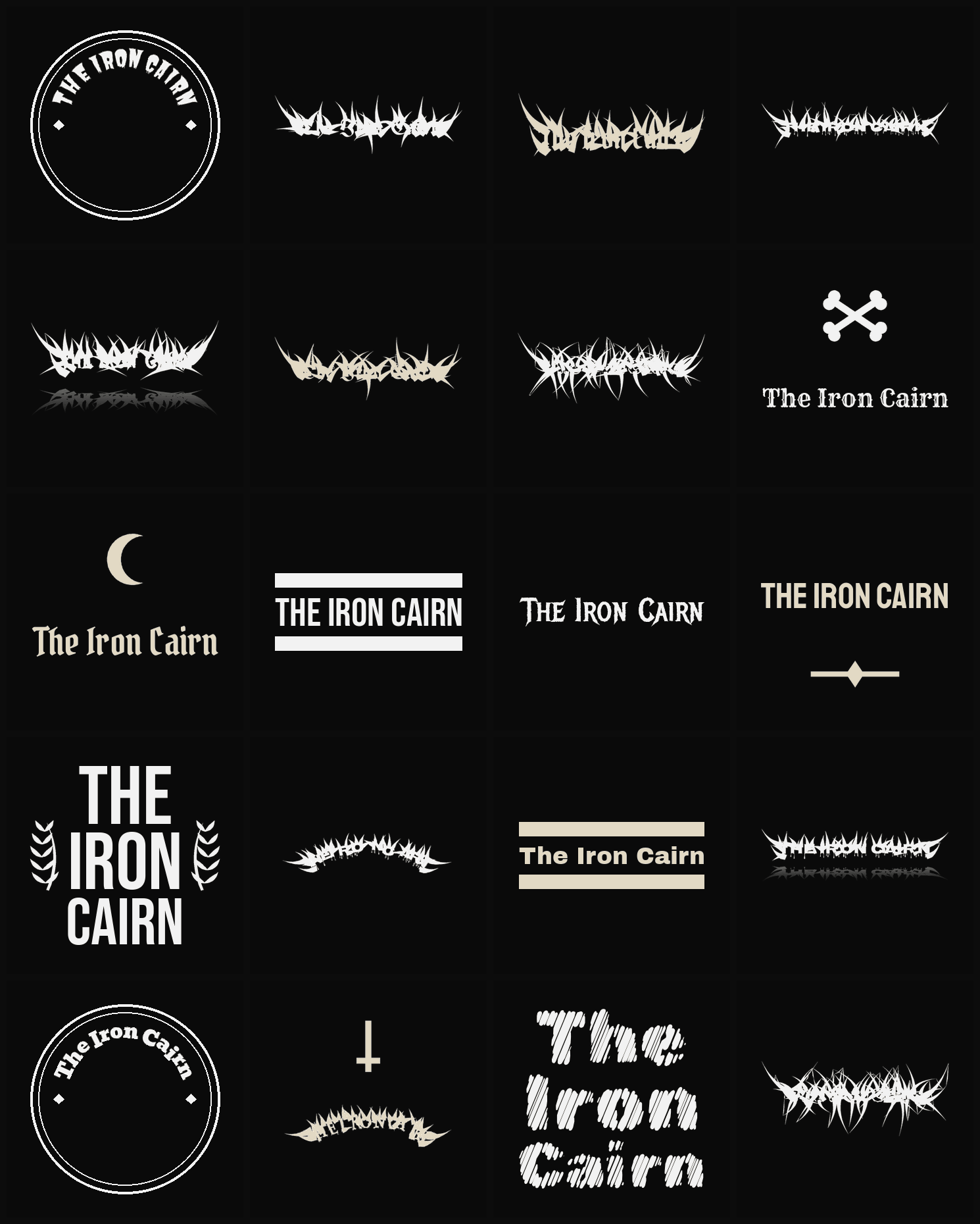 Twenty The Iron Cairn band logo ideas — different faces, treatments and spike settings