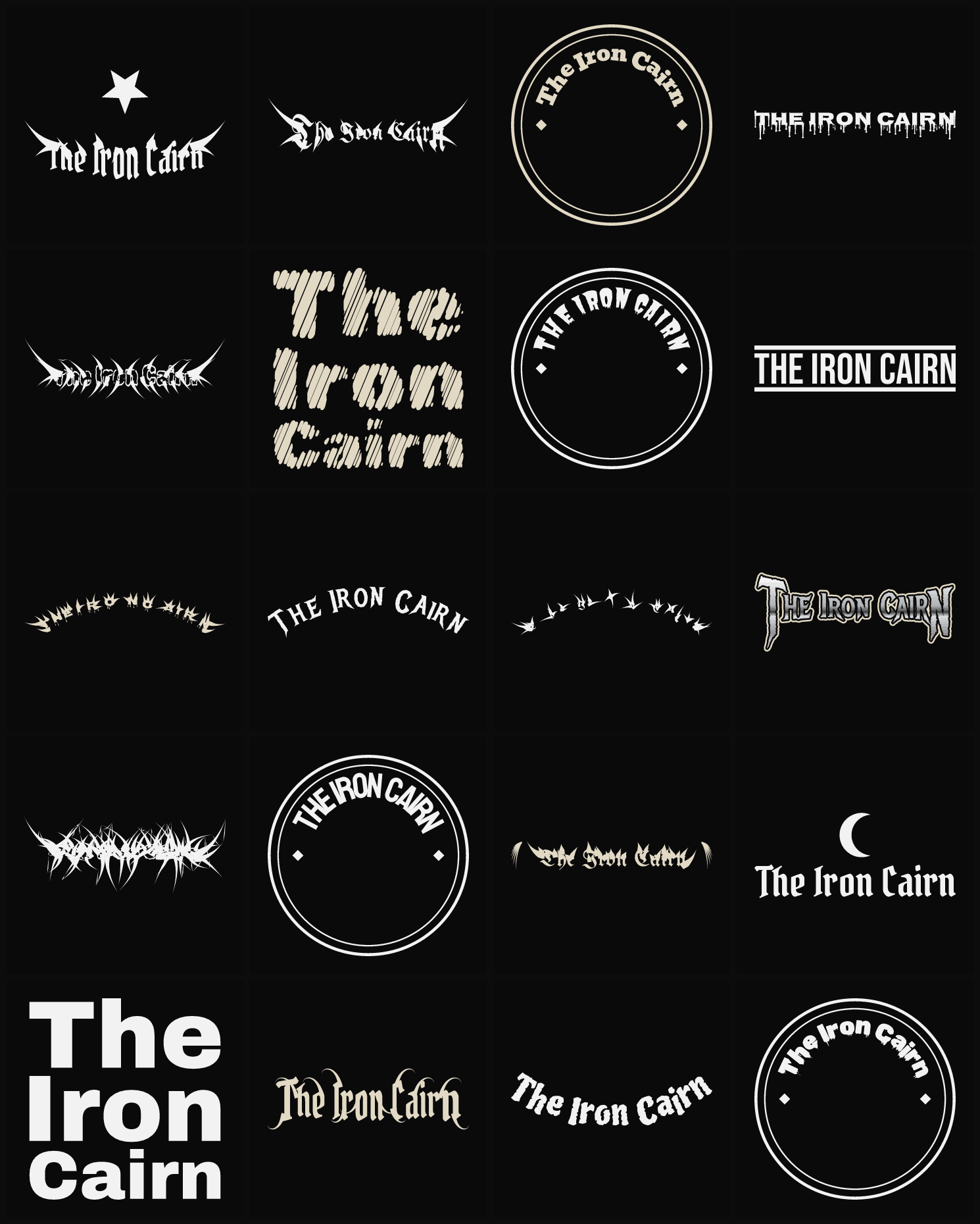 Twenty The Iron Cairn band logo ideas — different faces, treatments and spike settings
