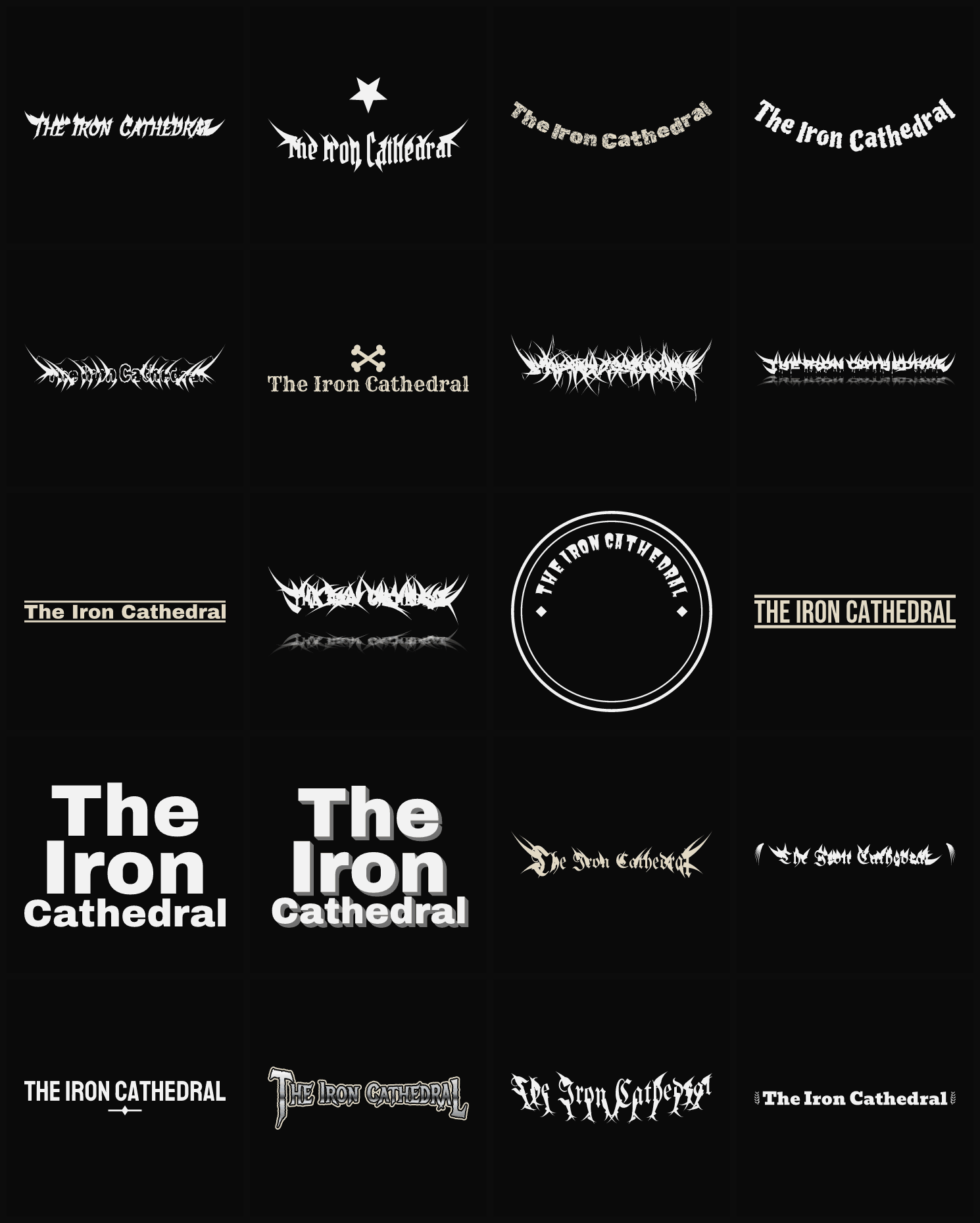 Twenty The Iron Cathedral band logo ideas — different faces, treatments and spike settings