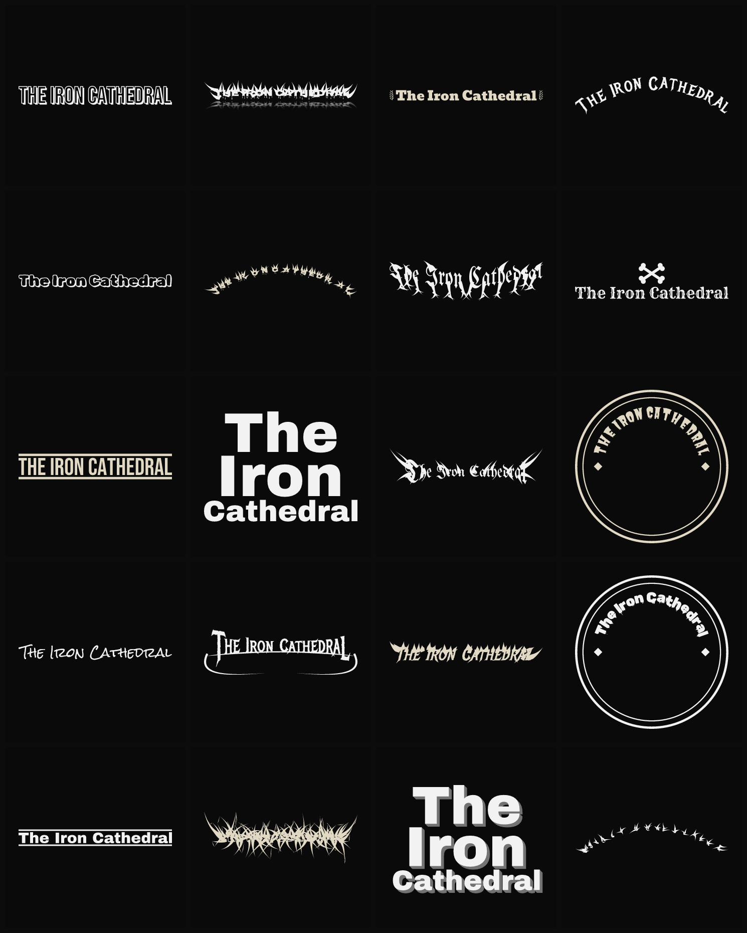 Twenty The Iron Cathedral band logo ideas — different faces, treatments and spike settings