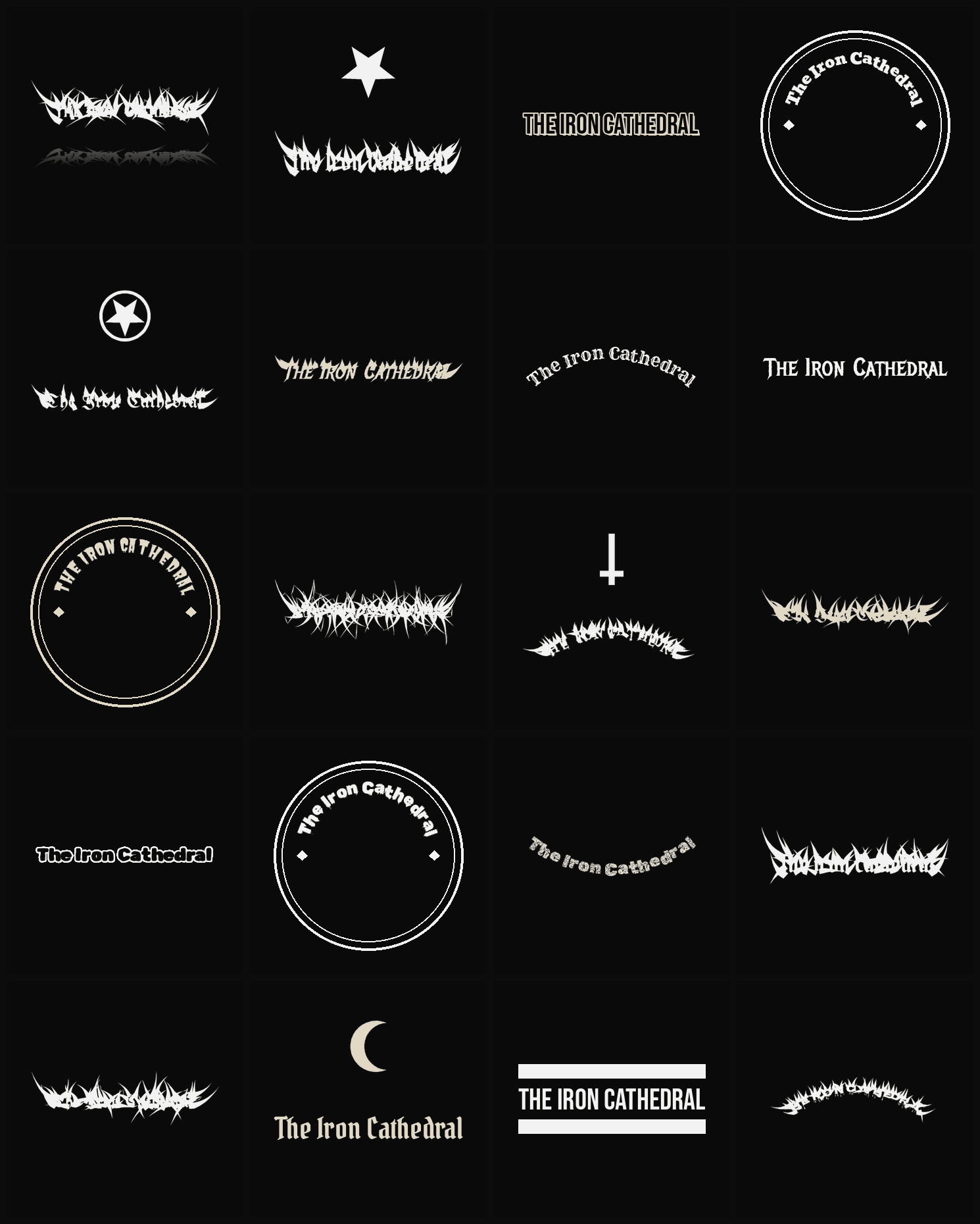 Twenty The Iron Cathedral band logo ideas — different faces, treatments and spike settings