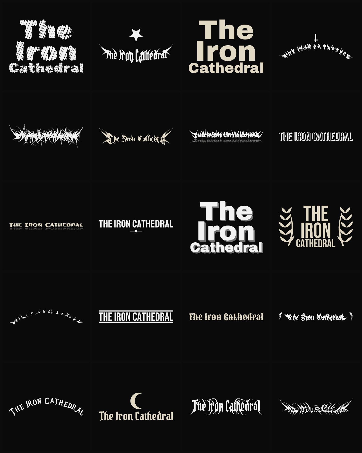 Twenty The Iron Cathedral band logo ideas — different faces, treatments and spike settings
