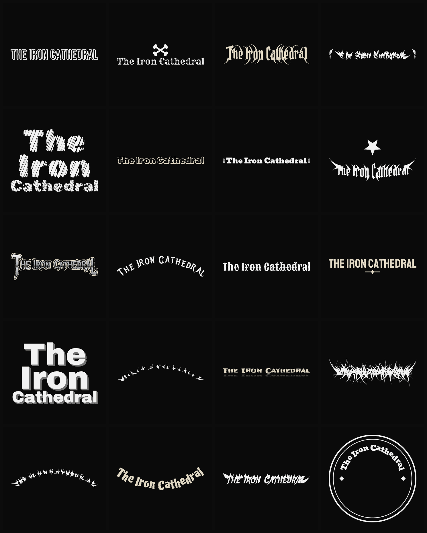 Twenty The Iron Cathedral band logo ideas — different faces, treatments and spike settings