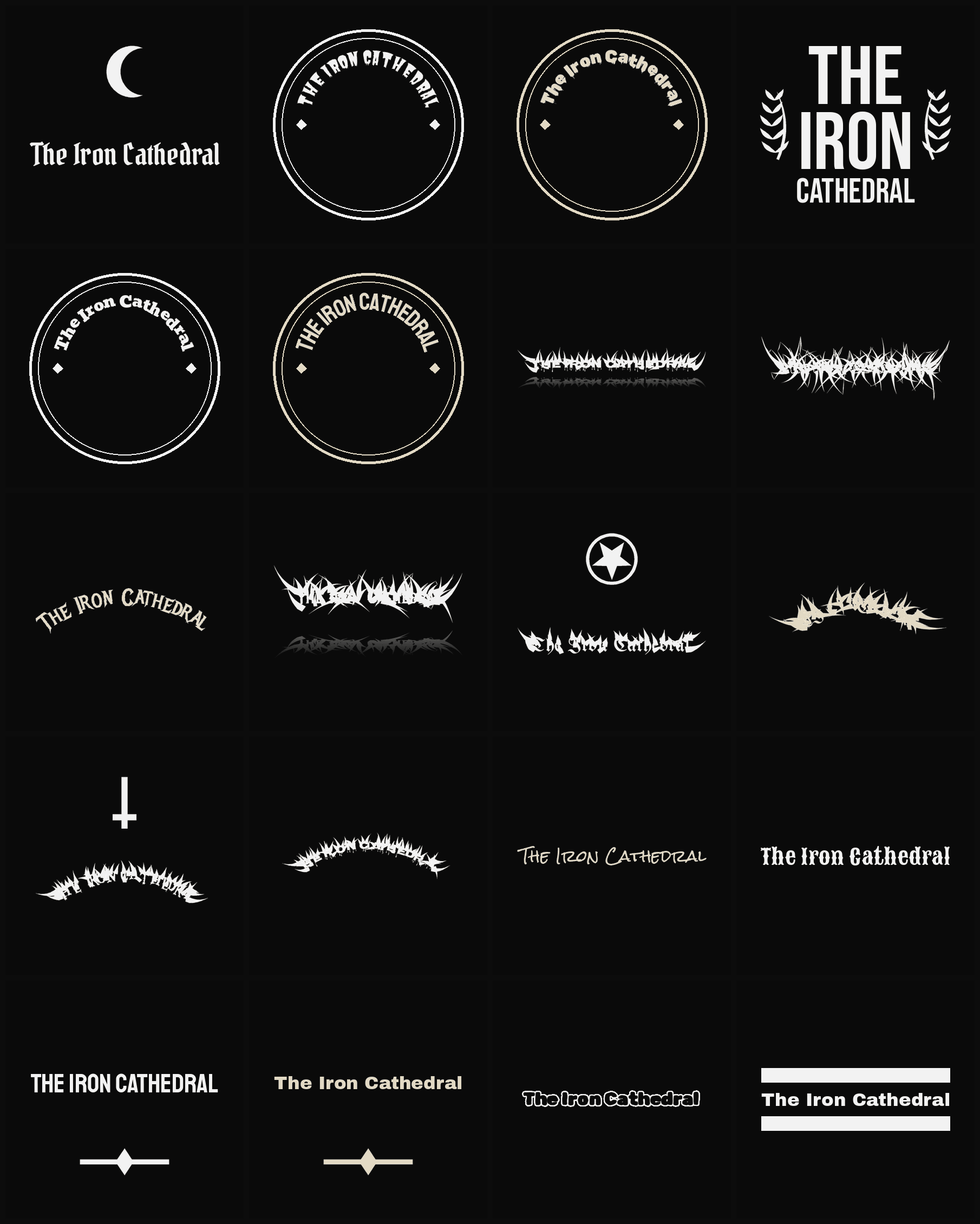 Twenty The Iron Cathedral band logo ideas — different faces, treatments and spike settings