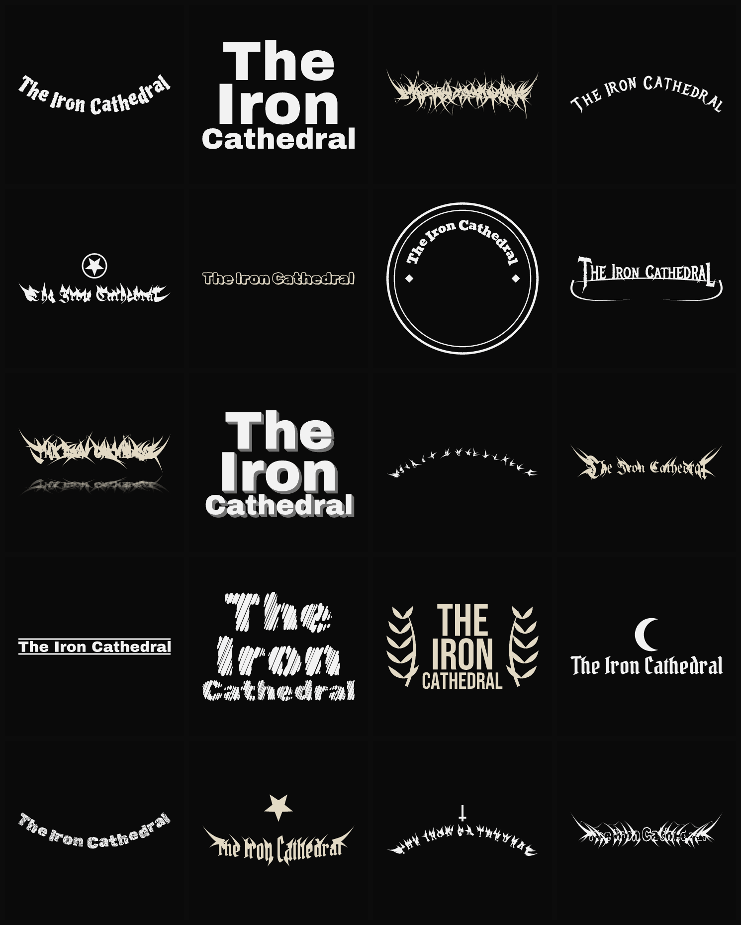 Twenty The Iron Cathedral band logo ideas — different faces, treatments and spike settings