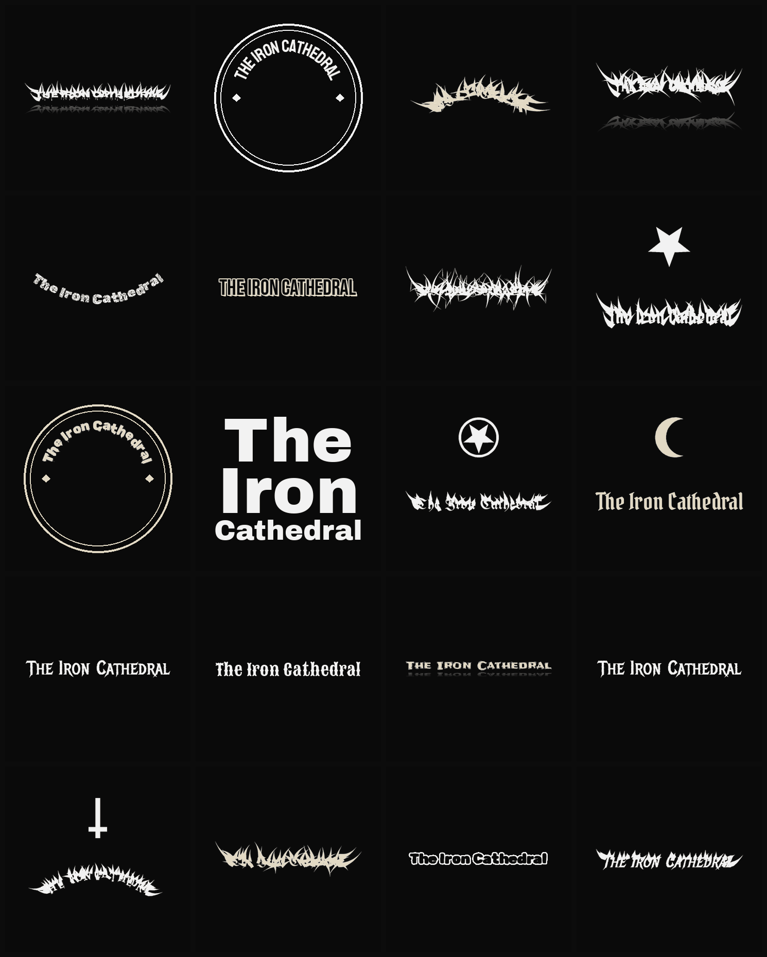 Twenty The Iron Cathedral band logo ideas — different faces, treatments and spike settings