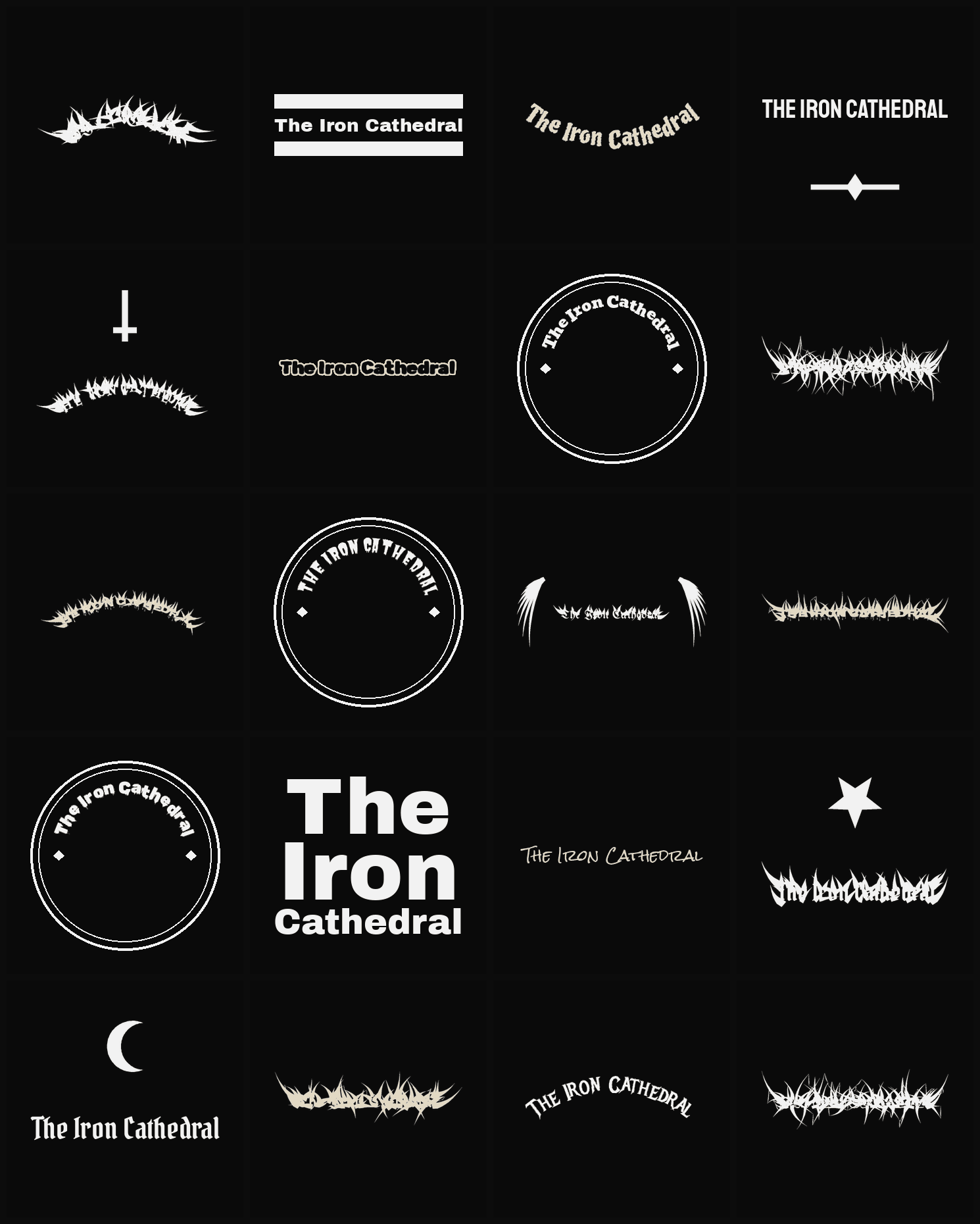 Twenty The Iron Cathedral band logo ideas — different faces, treatments and spike settings
