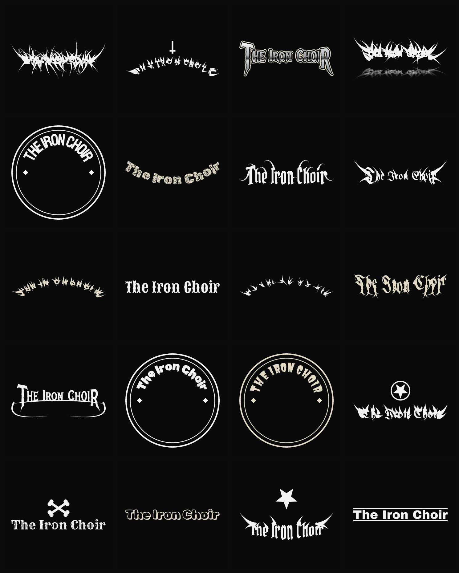 Twenty The Iron Choir band logo ideas — different faces, treatments and spike settings