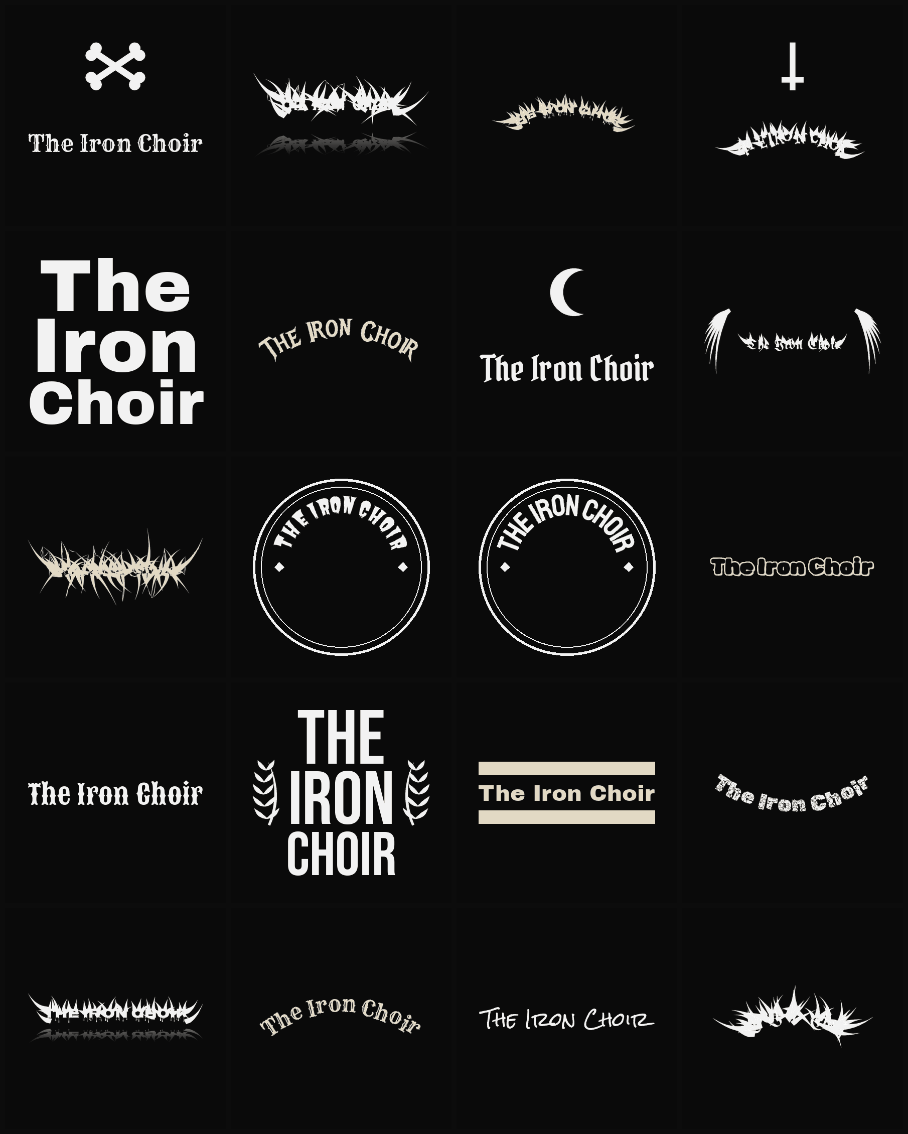 Twenty The Iron Choir band logo ideas — different faces, treatments and spike settings