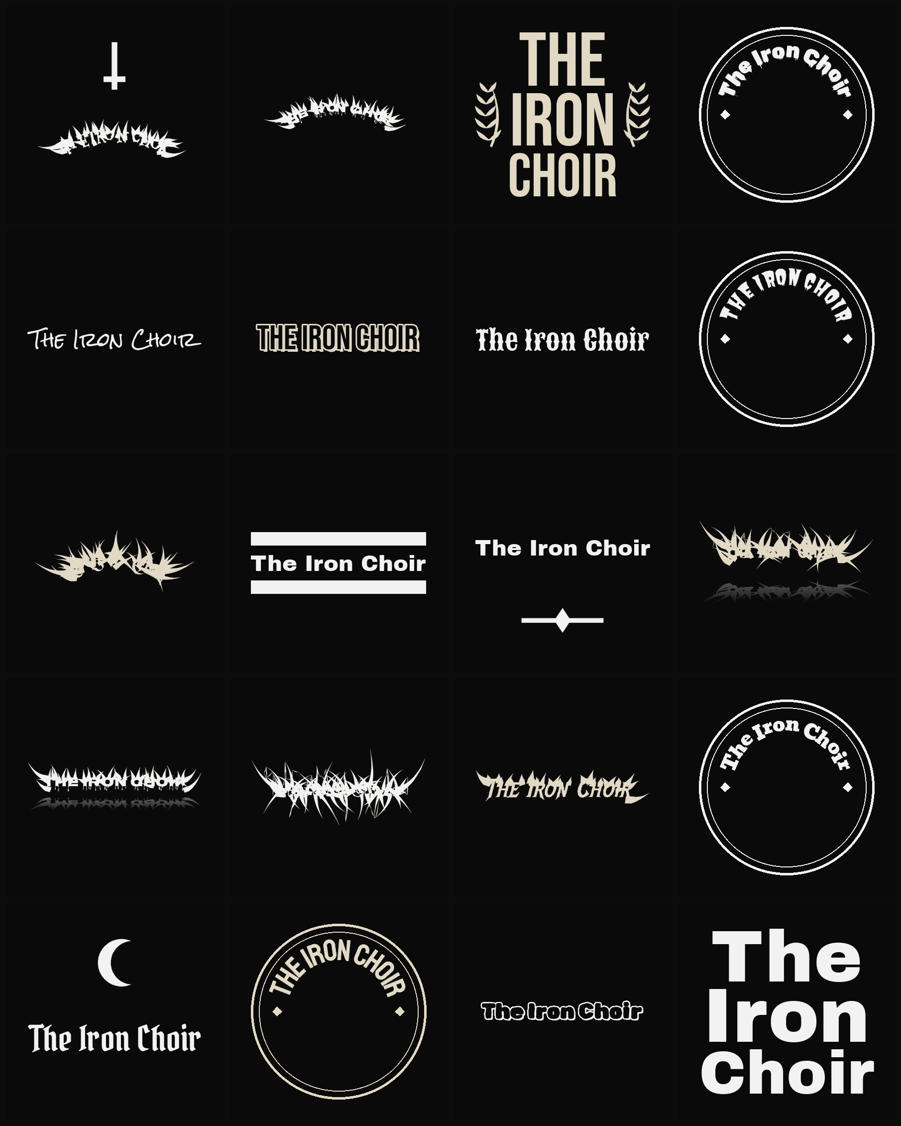 Twenty The Iron Choir band logo ideas — different faces, treatments and spike settings