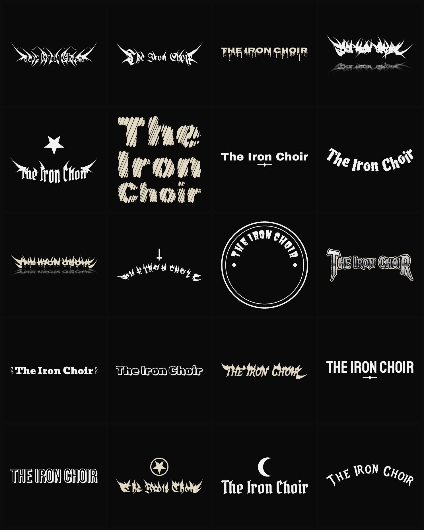 Twenty The Iron Choir band logo ideas — different faces, treatments and spike settings