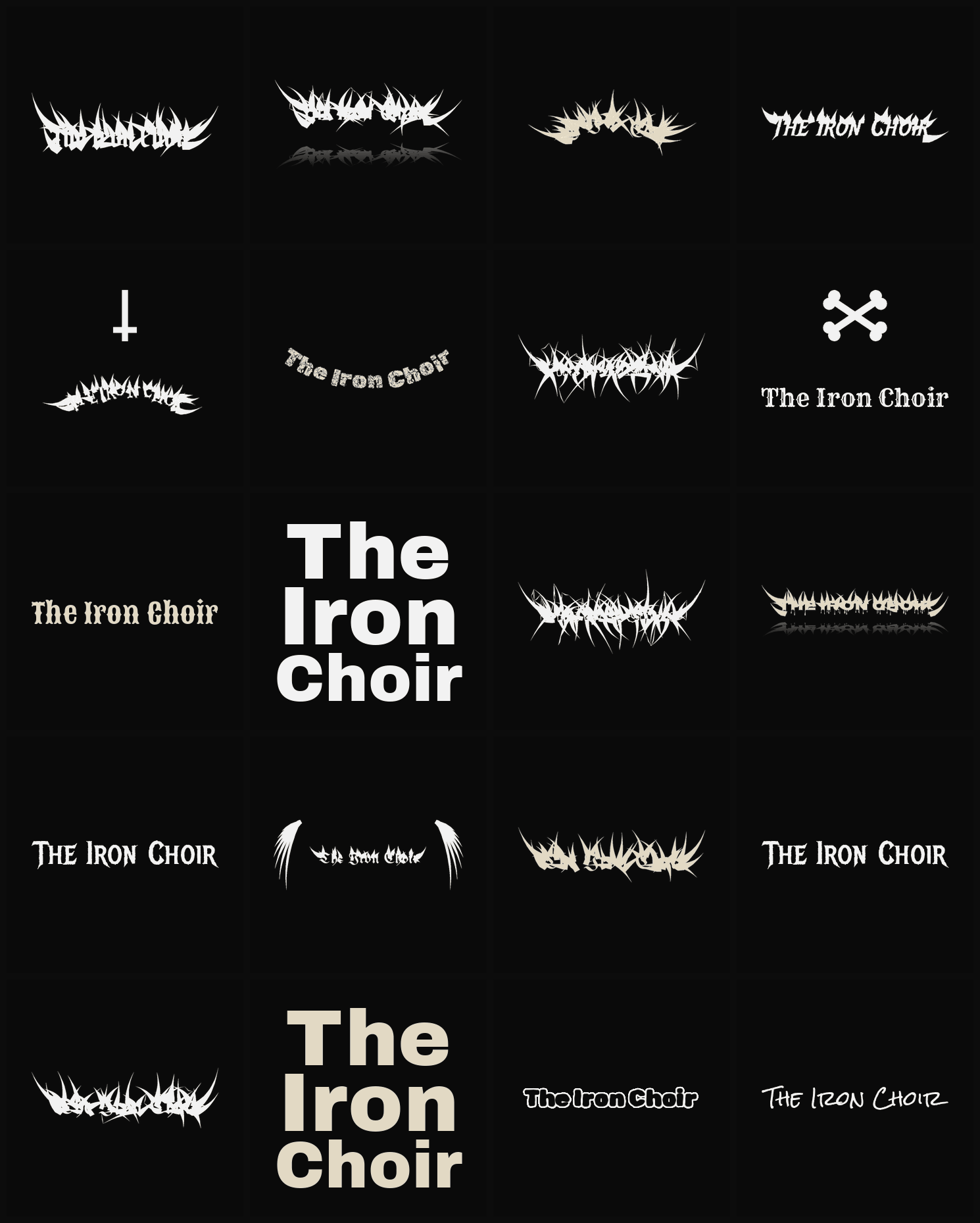 Twenty The Iron Choir band logo ideas — different faces, treatments and spike settings