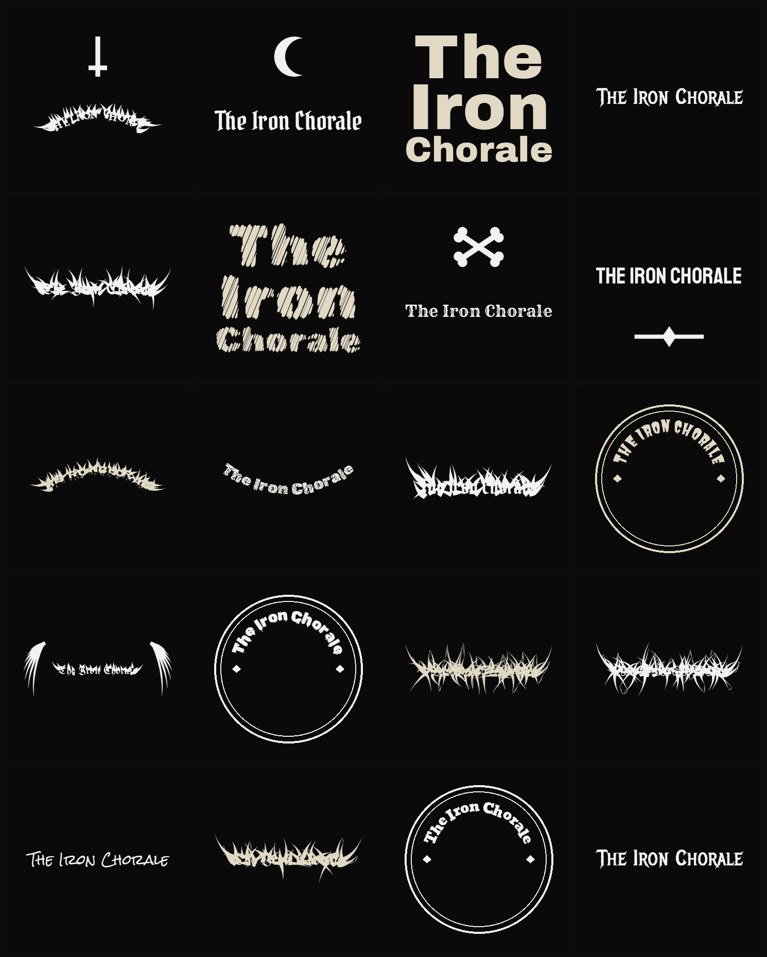 Twenty The Iron Chorale band logo ideas — different faces, treatments and spike settings