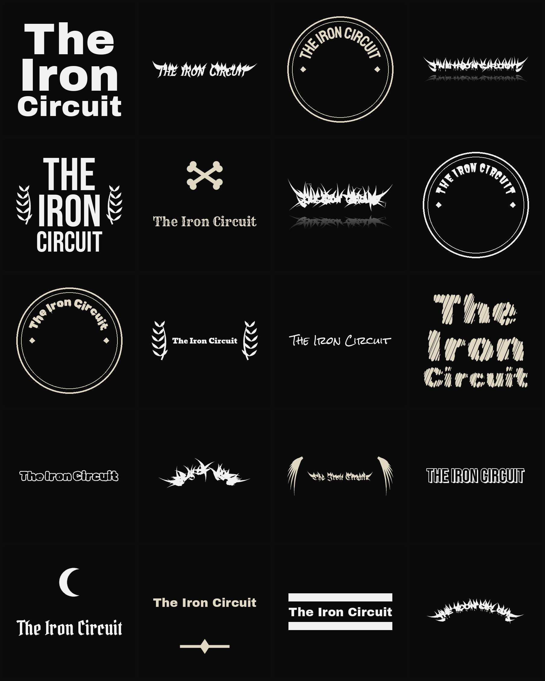 Twenty The Iron Circuit band logo ideas — different faces, treatments and spike settings