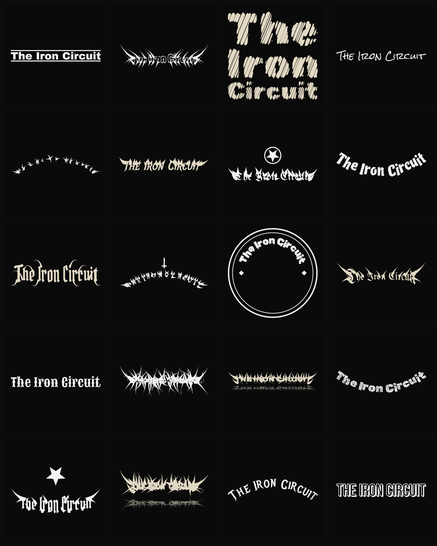 Twenty The Iron Circuit band logo ideas — different faces, treatments and spike settings