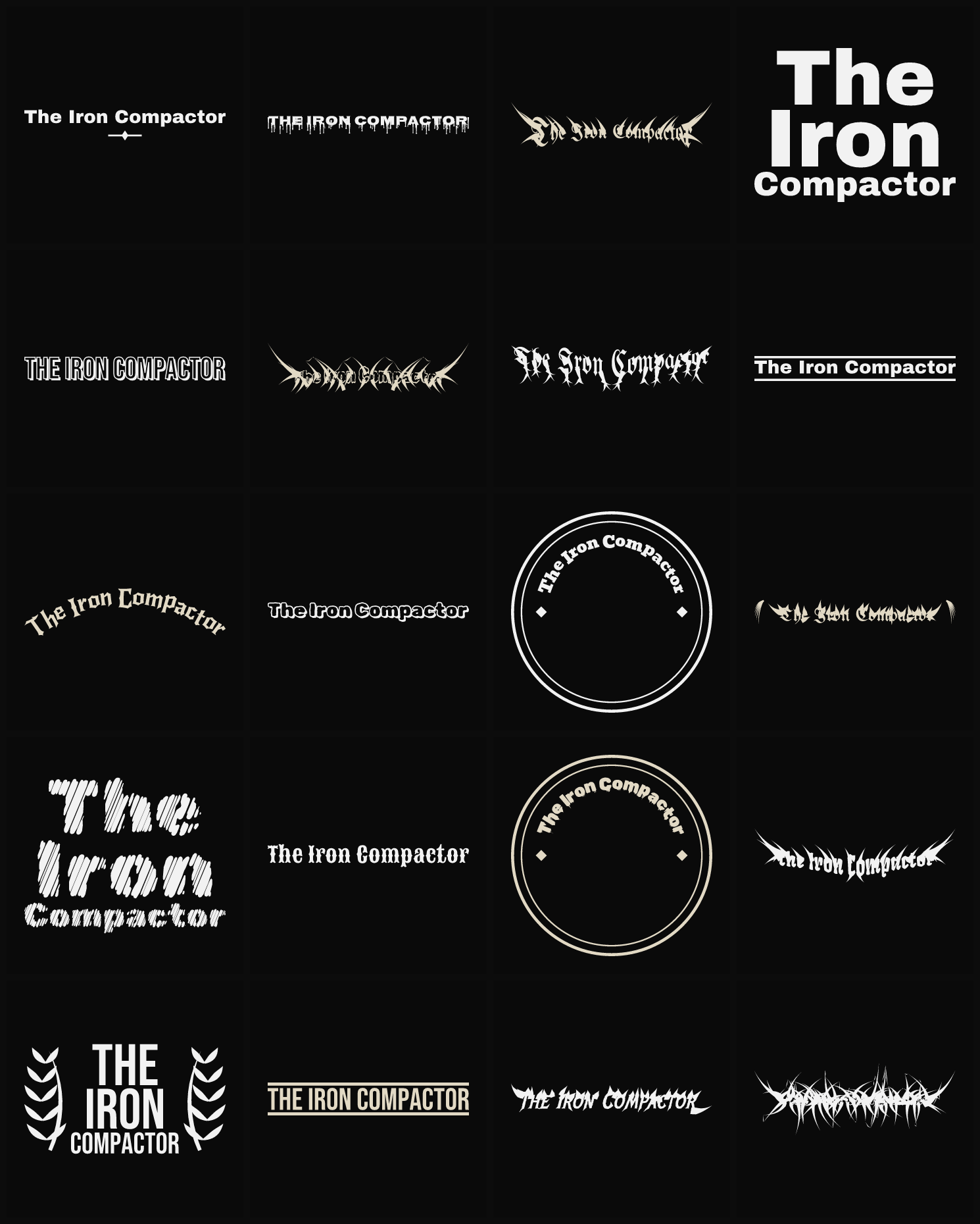 Twenty The Iron Compactor band logo ideas — different faces, treatments and spike settings