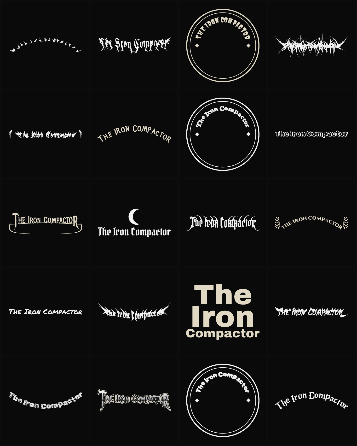 Twenty The Iron Compactor band logo ideas — different faces, treatments and spike settings