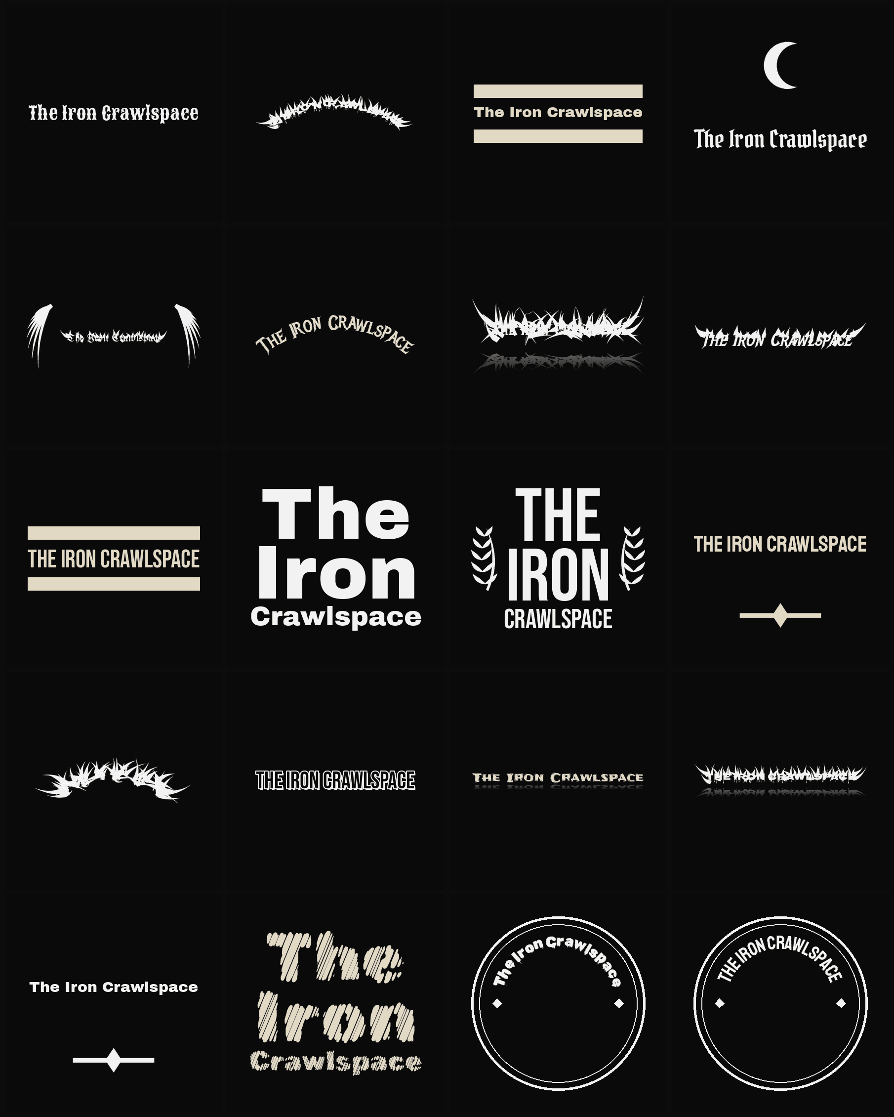 Twenty The Iron Crawlspace band logo ideas — different faces, treatments and spike settings