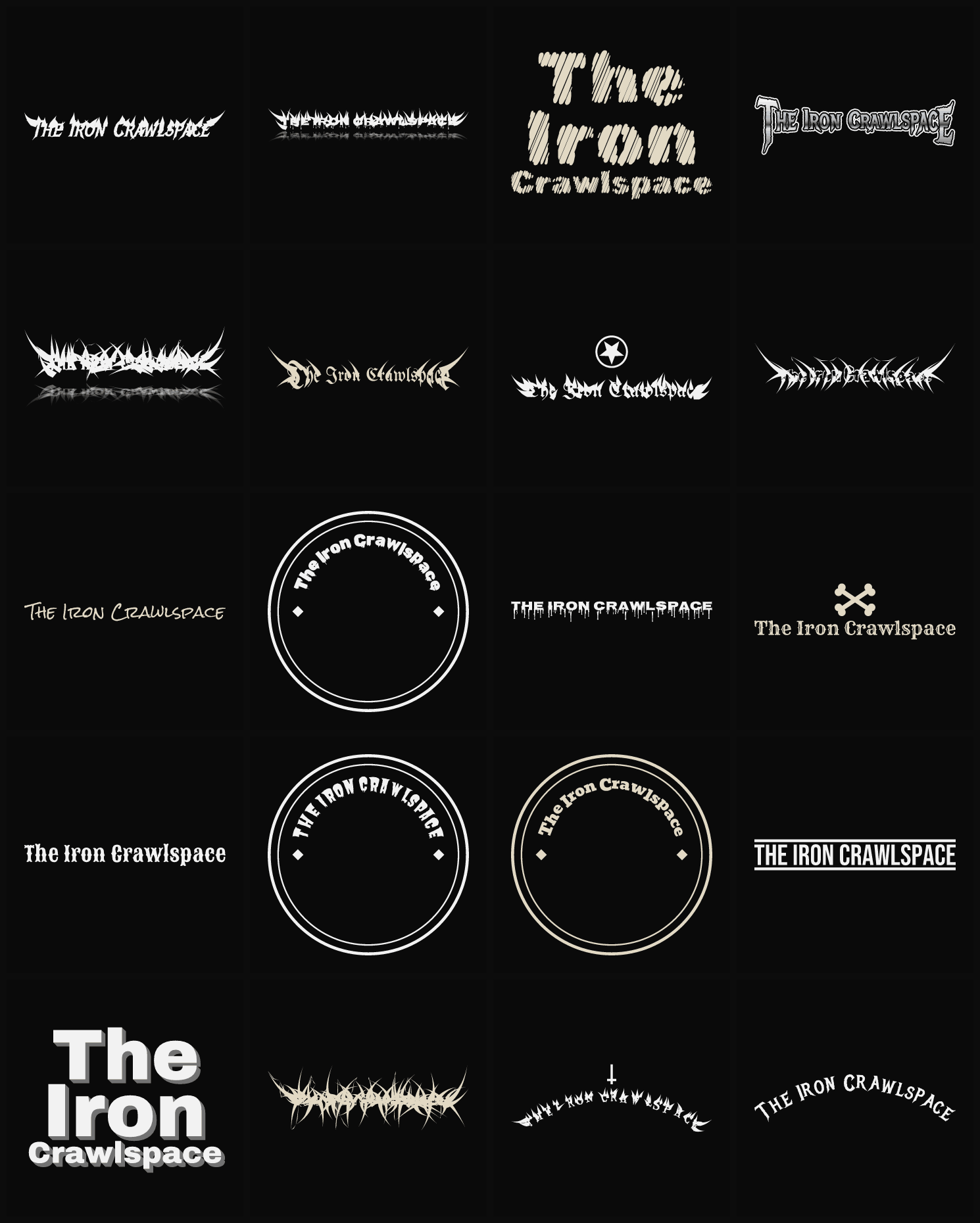 Twenty The Iron Crawlspace band logo ideas — different faces, treatments and spike settings