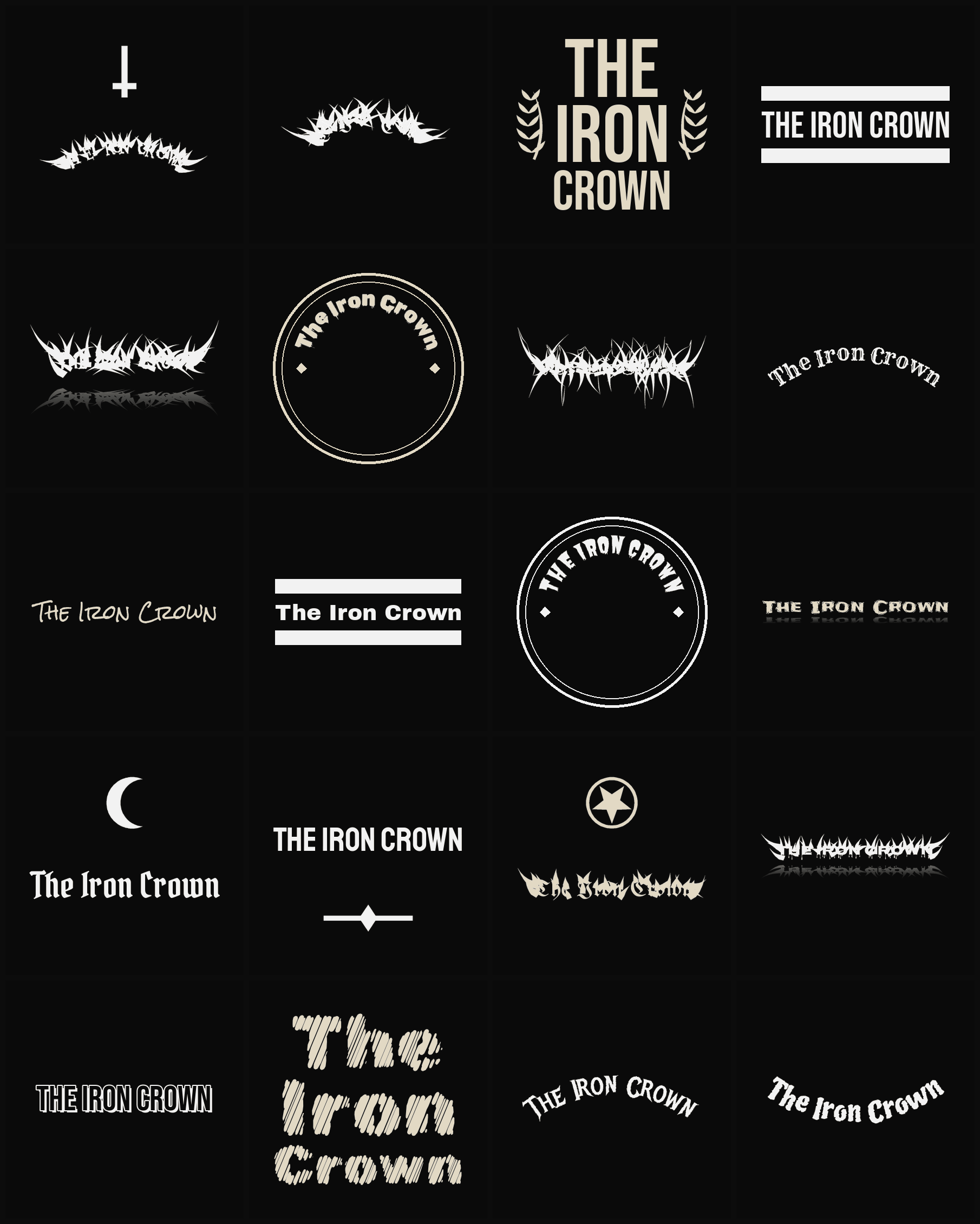 Twenty The Iron Crown band logo ideas — different faces, treatments and spike settings