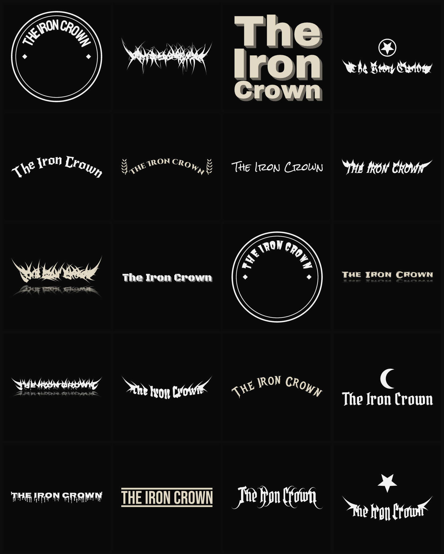 Twenty The Iron Crown band logo ideas — different faces, treatments and spike settings