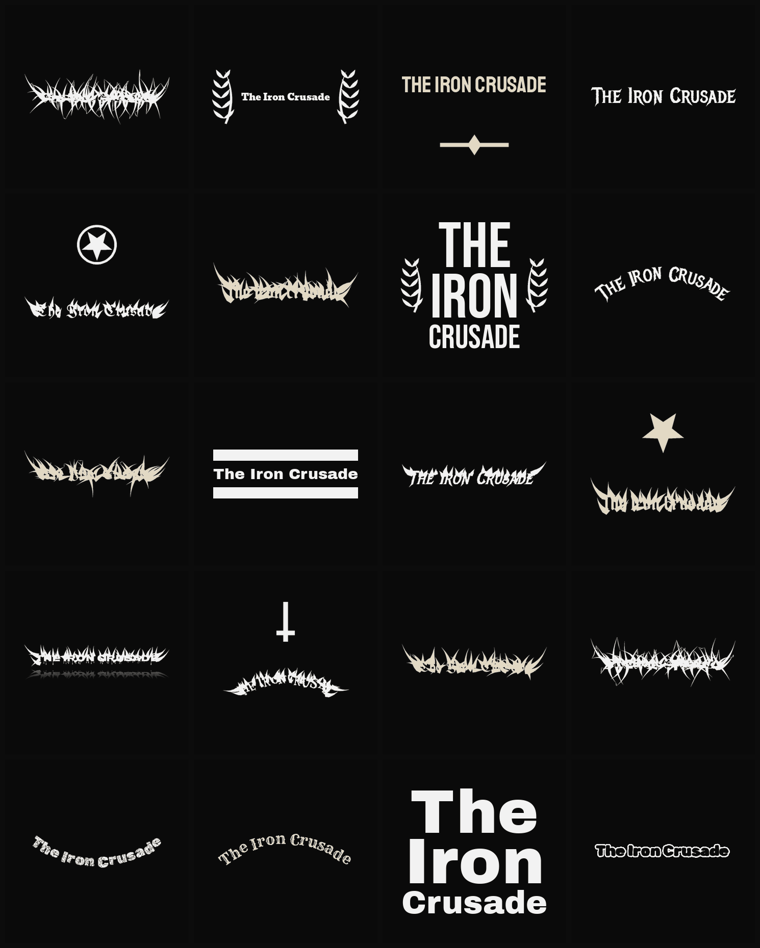 Twenty The Iron Crusade band logo ideas — different faces, treatments and spike settings