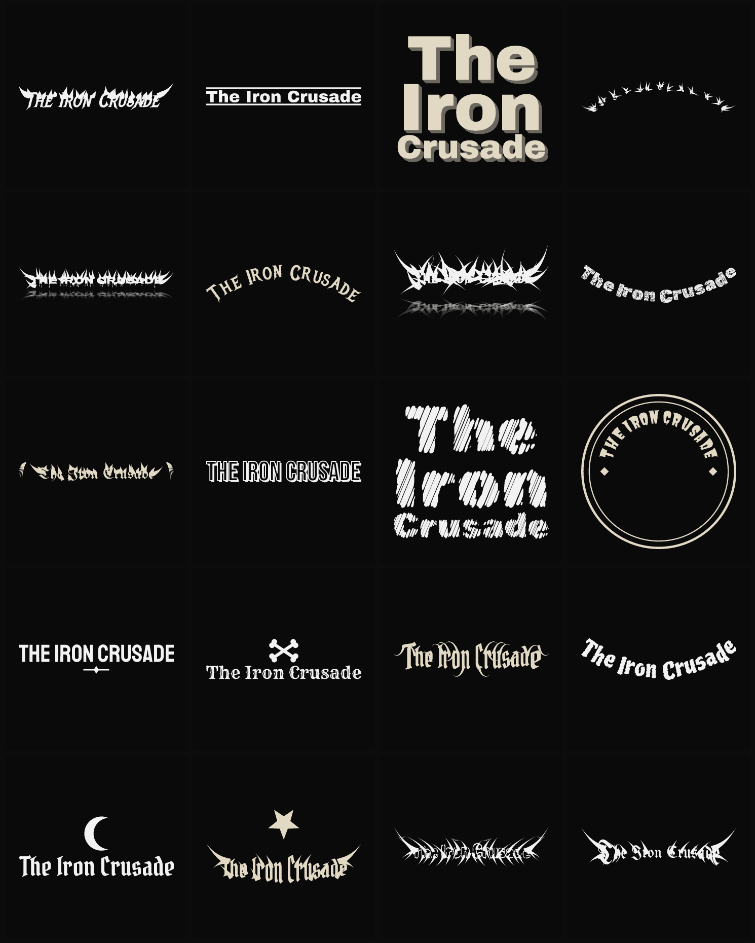 Twenty The Iron Crusade band logo ideas — different faces, treatments and spike settings