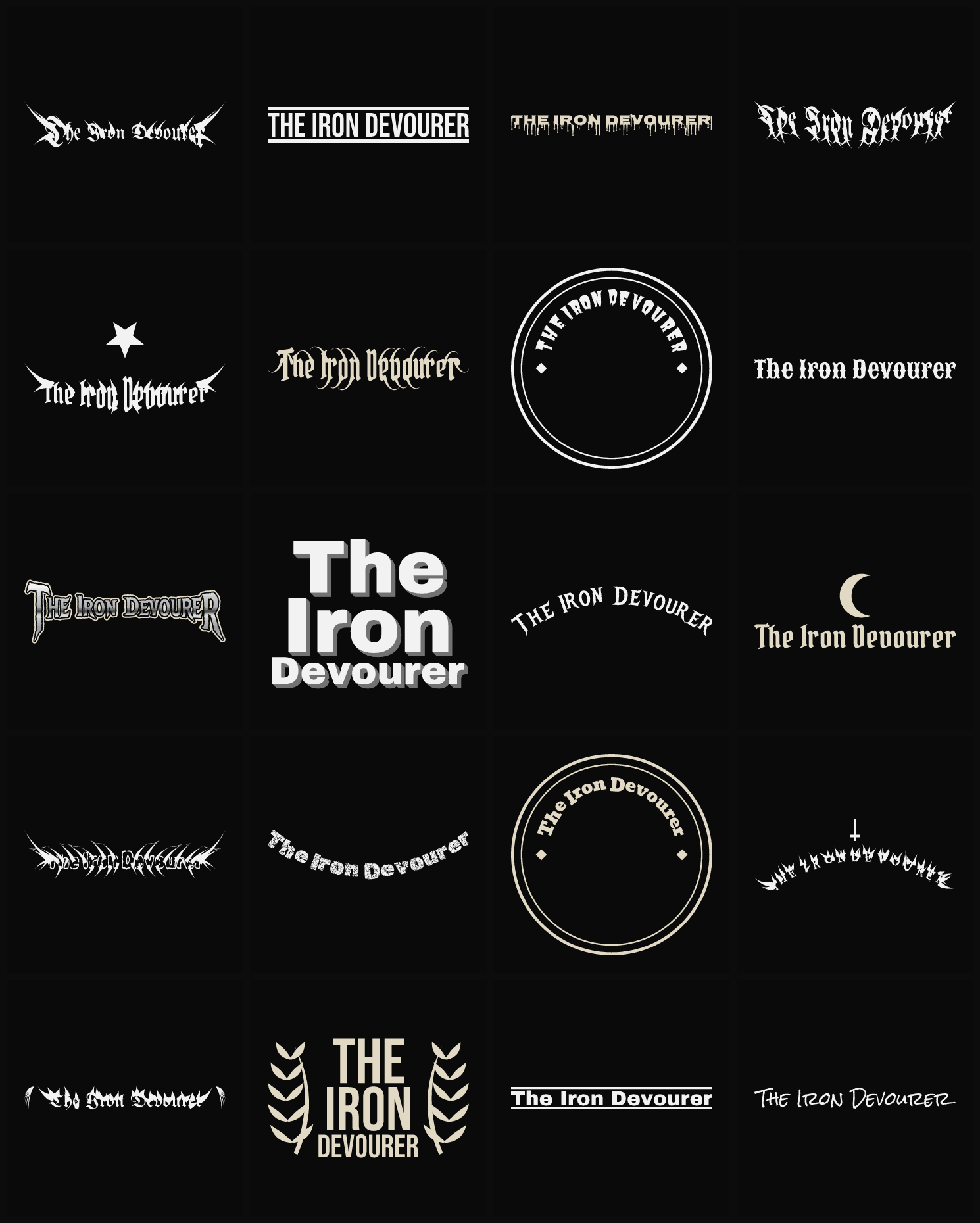 Twenty The Iron Devourer band logo ideas — different faces, treatments and spike settings
