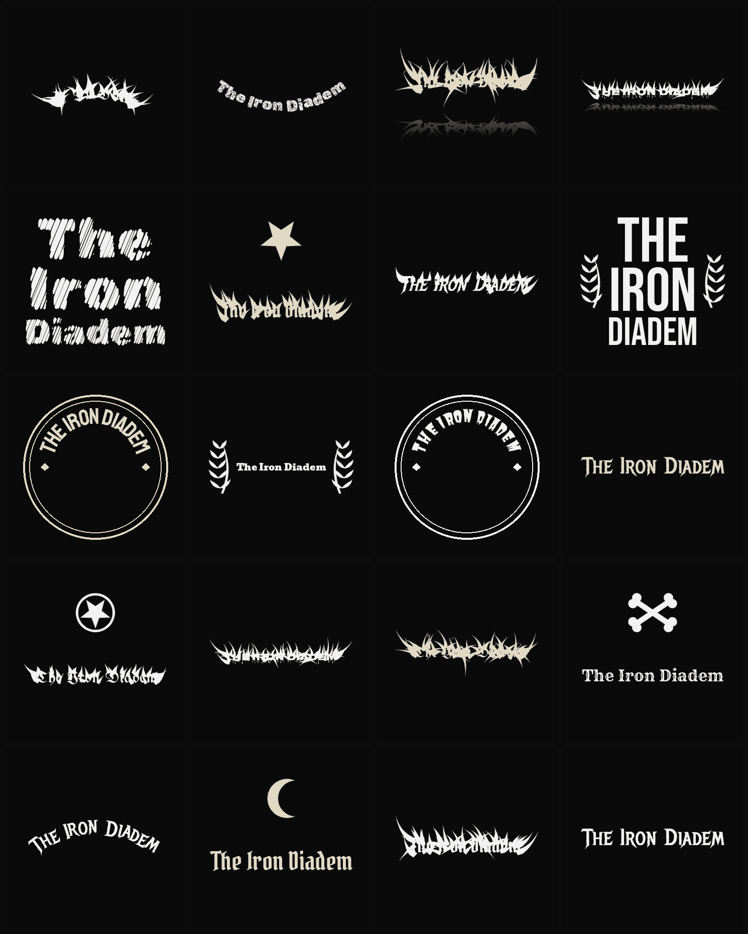 Twenty The Iron Diadem band logo ideas — different faces, treatments and spike settings