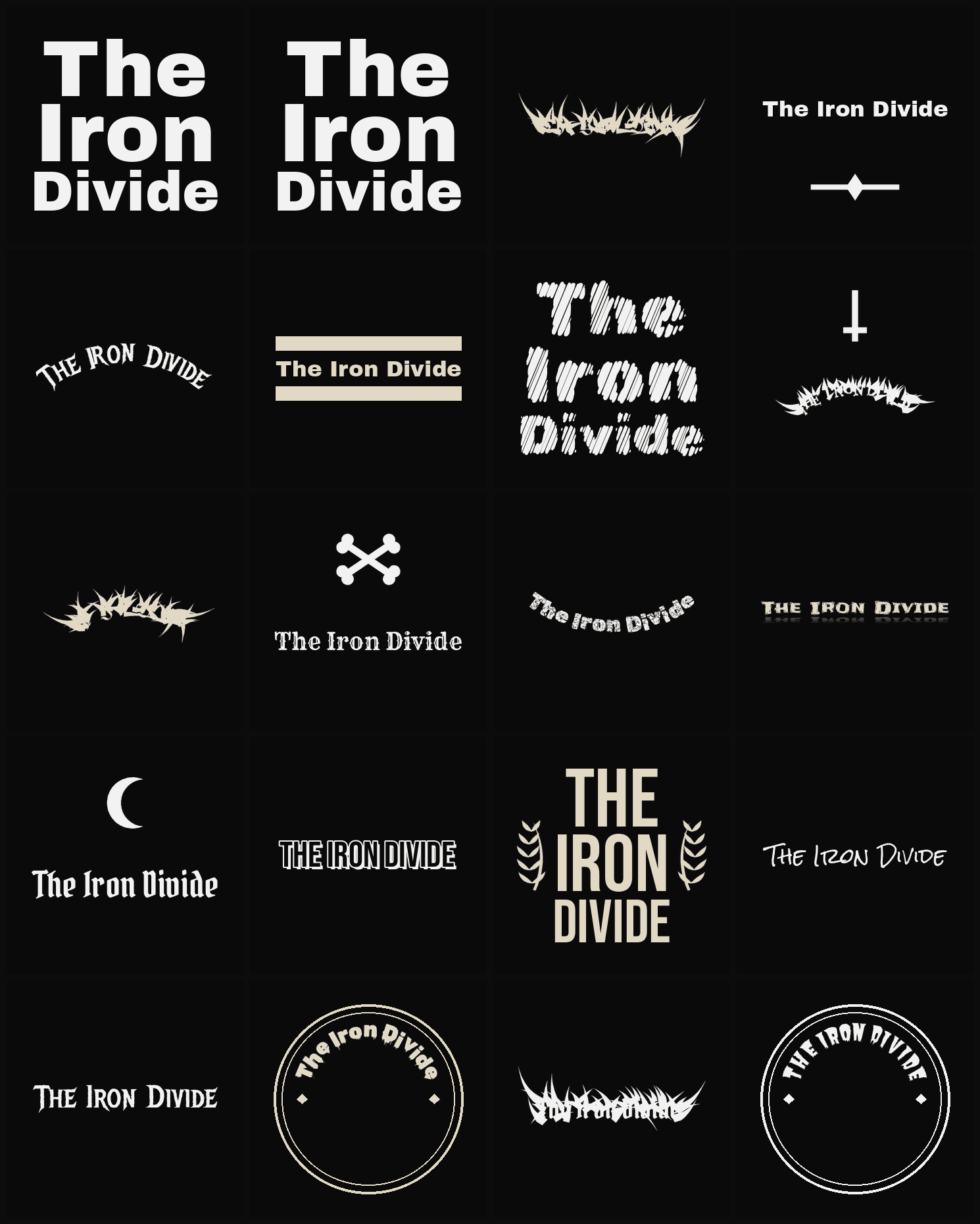 Twenty The Iron Divide band logo ideas — different faces, treatments and spike settings